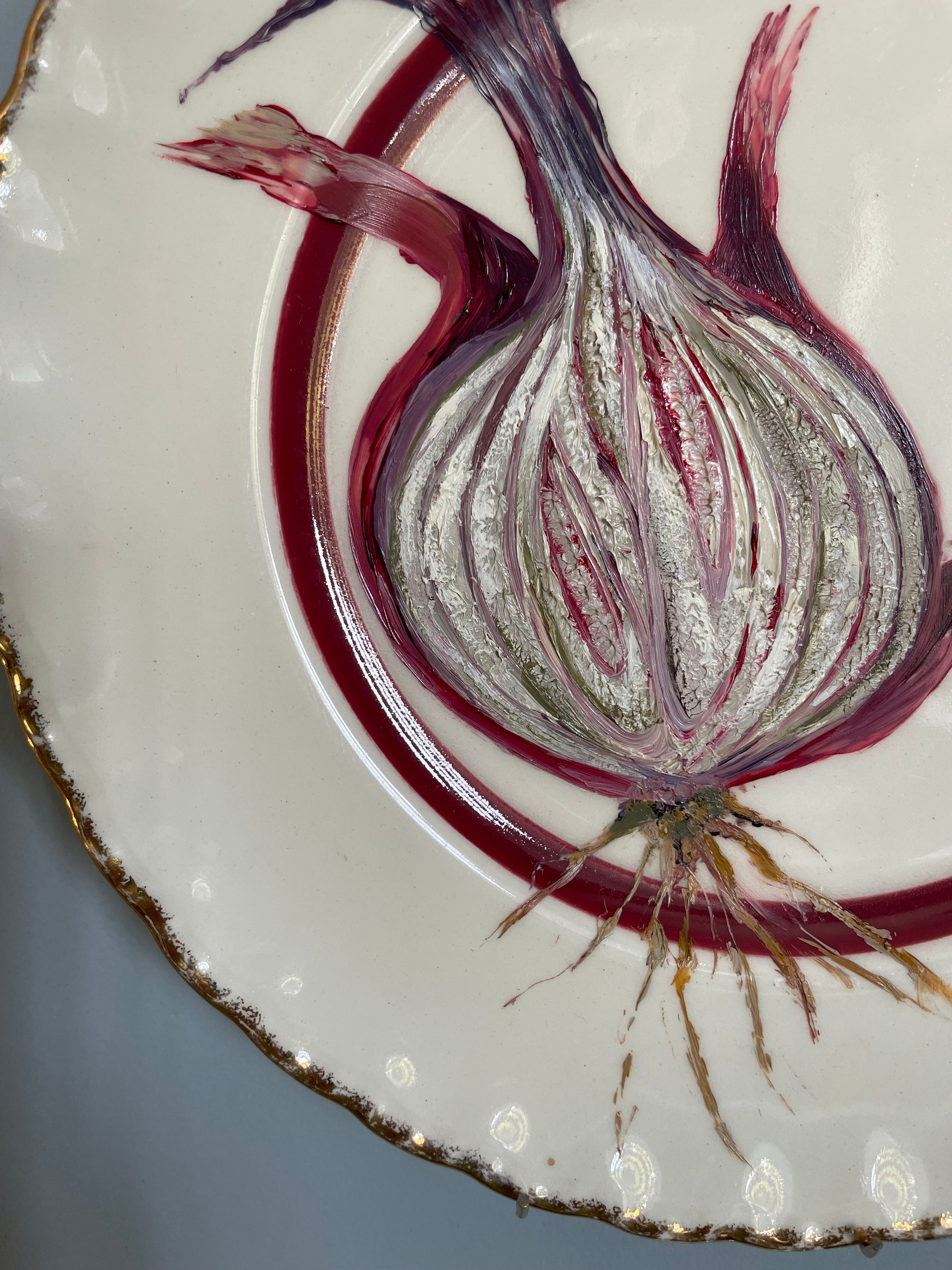 Original oil painting on vintage plate - cut red onion