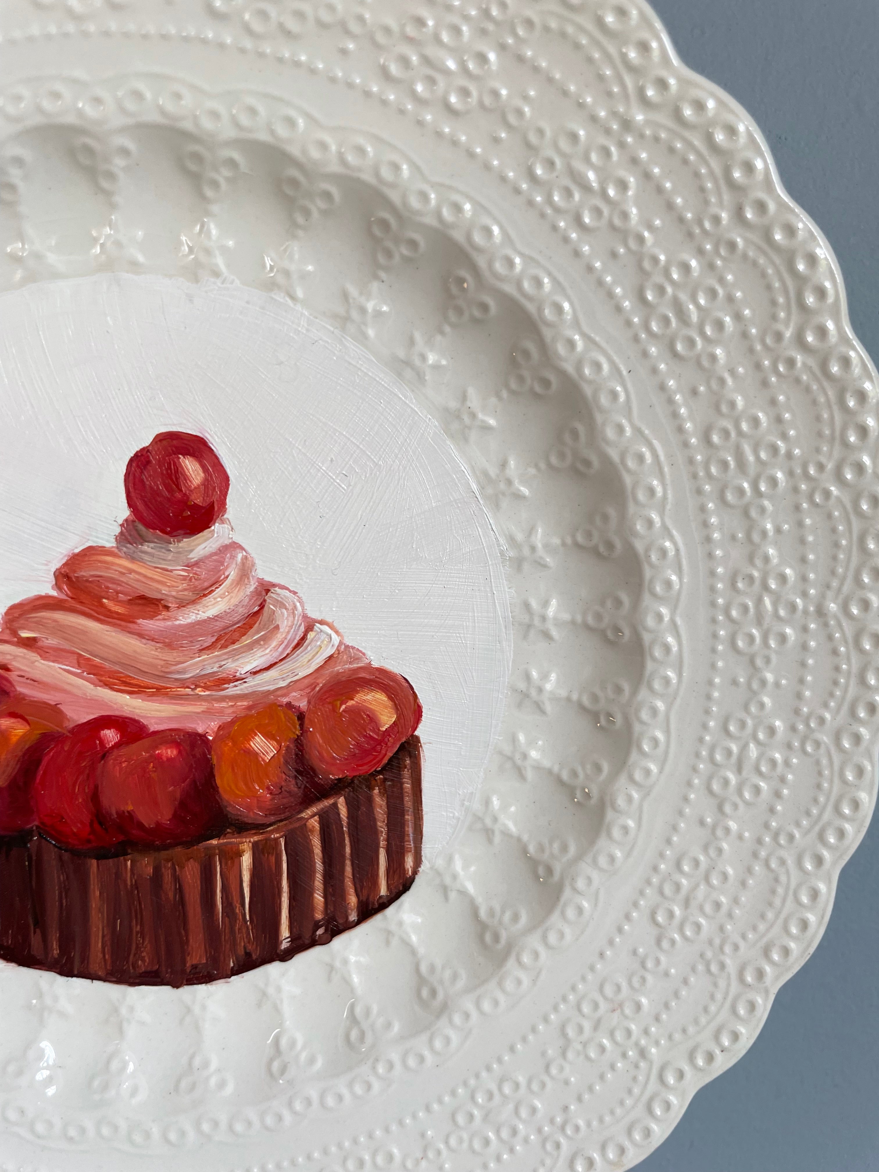 Cherry Chocolate Tart Original Oil Painting On Antique Spode China Tea Plate