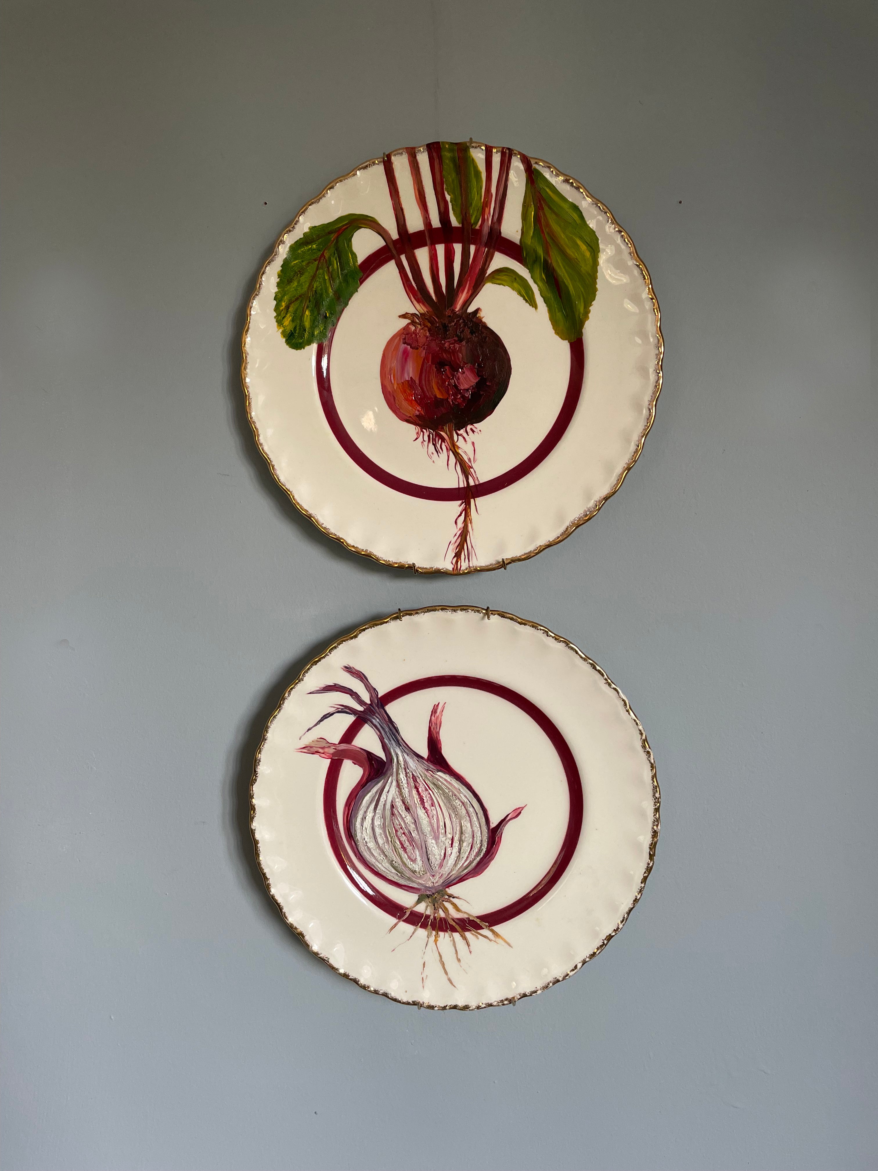 Original oil painting on vintage plate - cut red onion