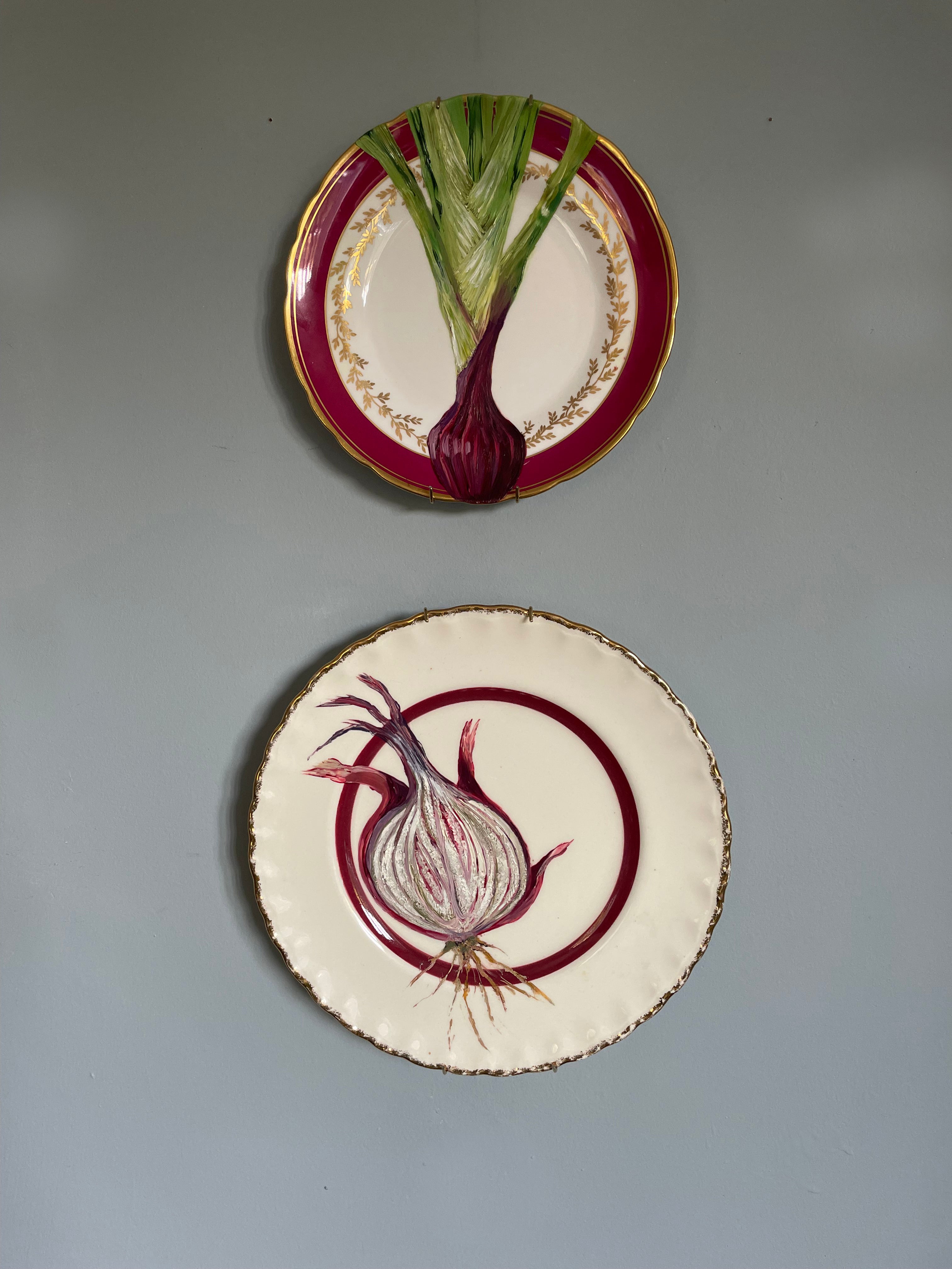 Original oil painting on a vintage plate - red spring onion