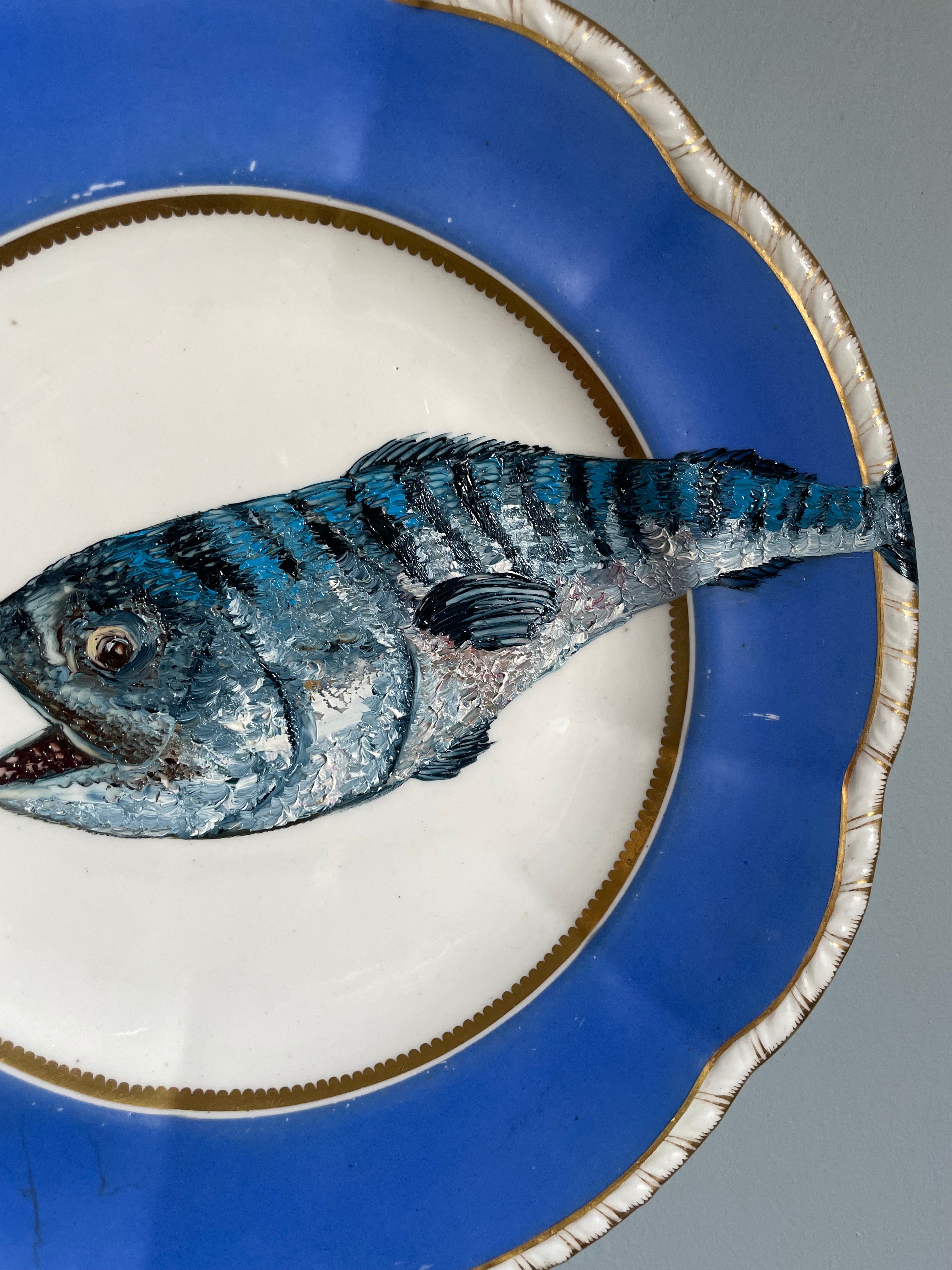 Original oil painting on 1850s dessert plate - mackerel fish