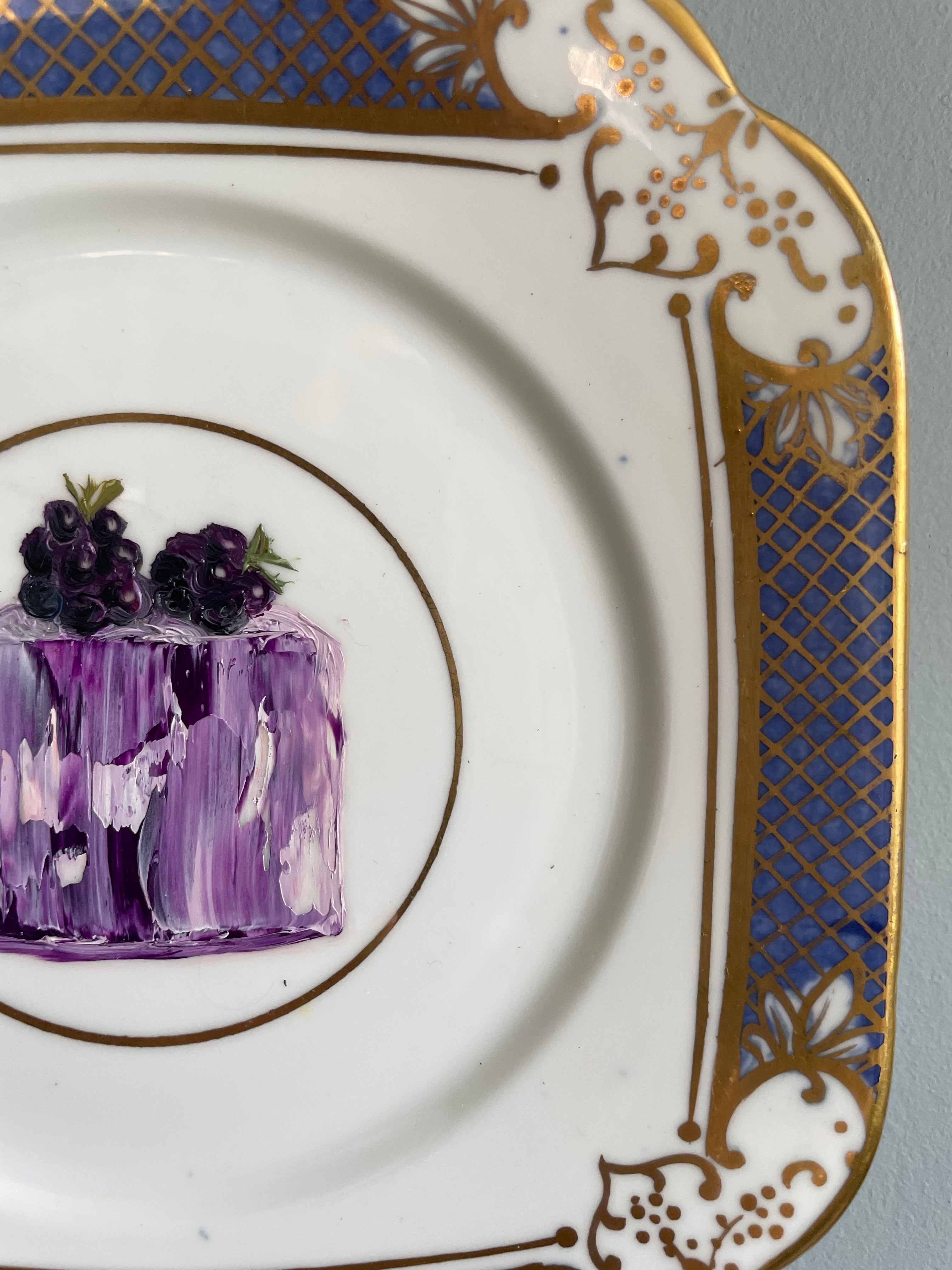 Blackberry Fondant Cake Original Oil Painting On Vintage Tea Plate