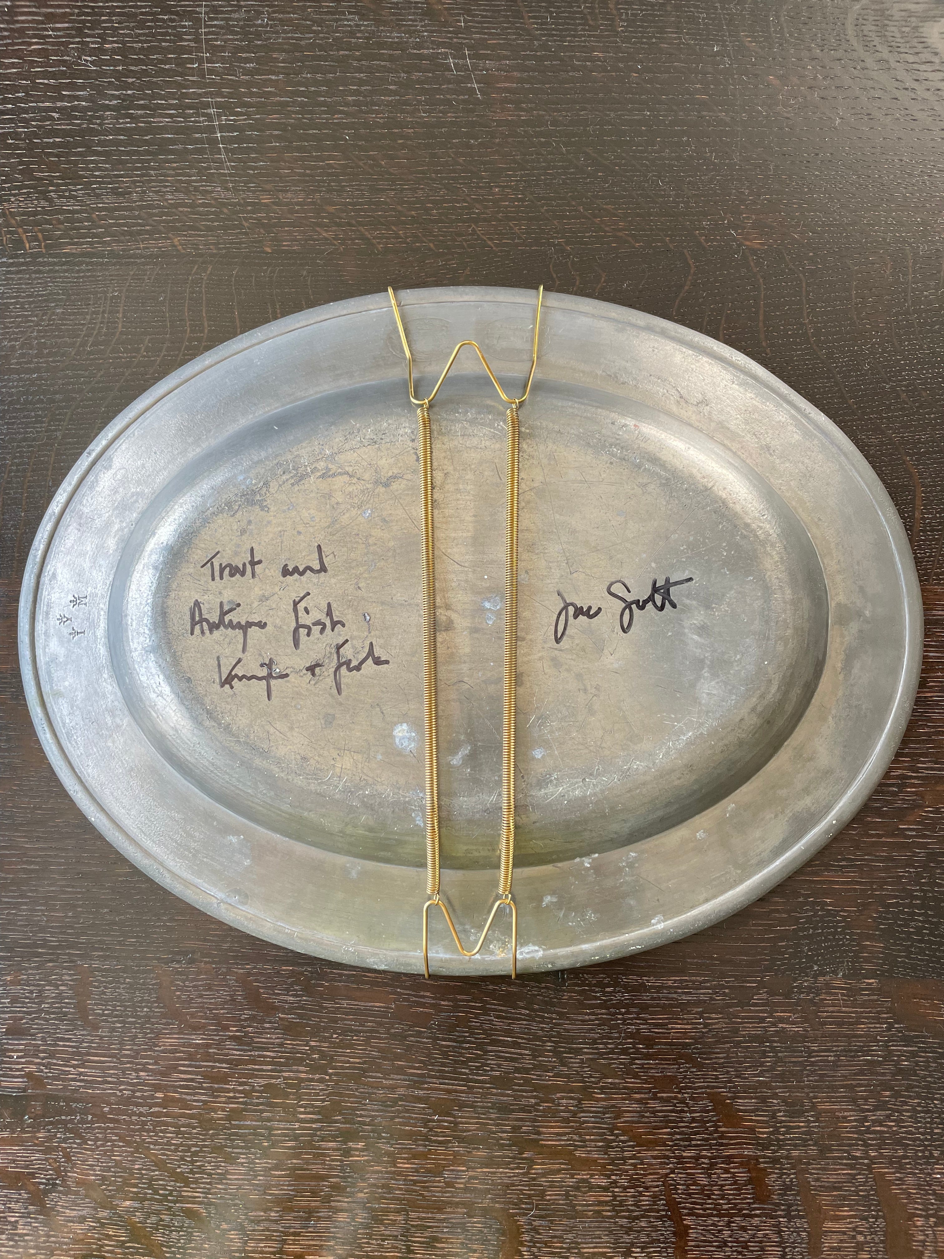 Plated: original fine art oil painting on an antique pewter platter - trout with antique fork & knife