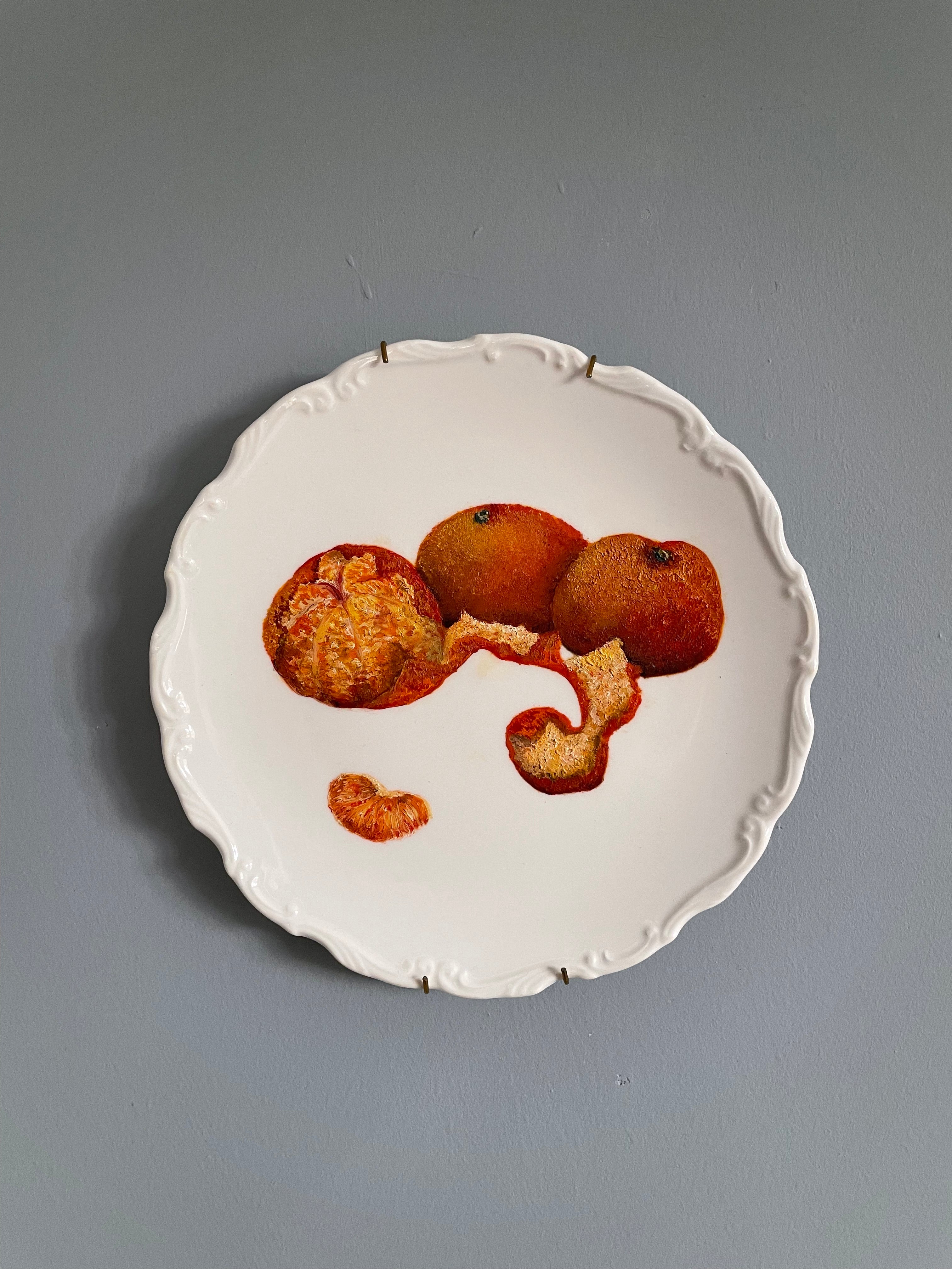Original oil painting on ornate antique plate - 3 mandarin oranges.