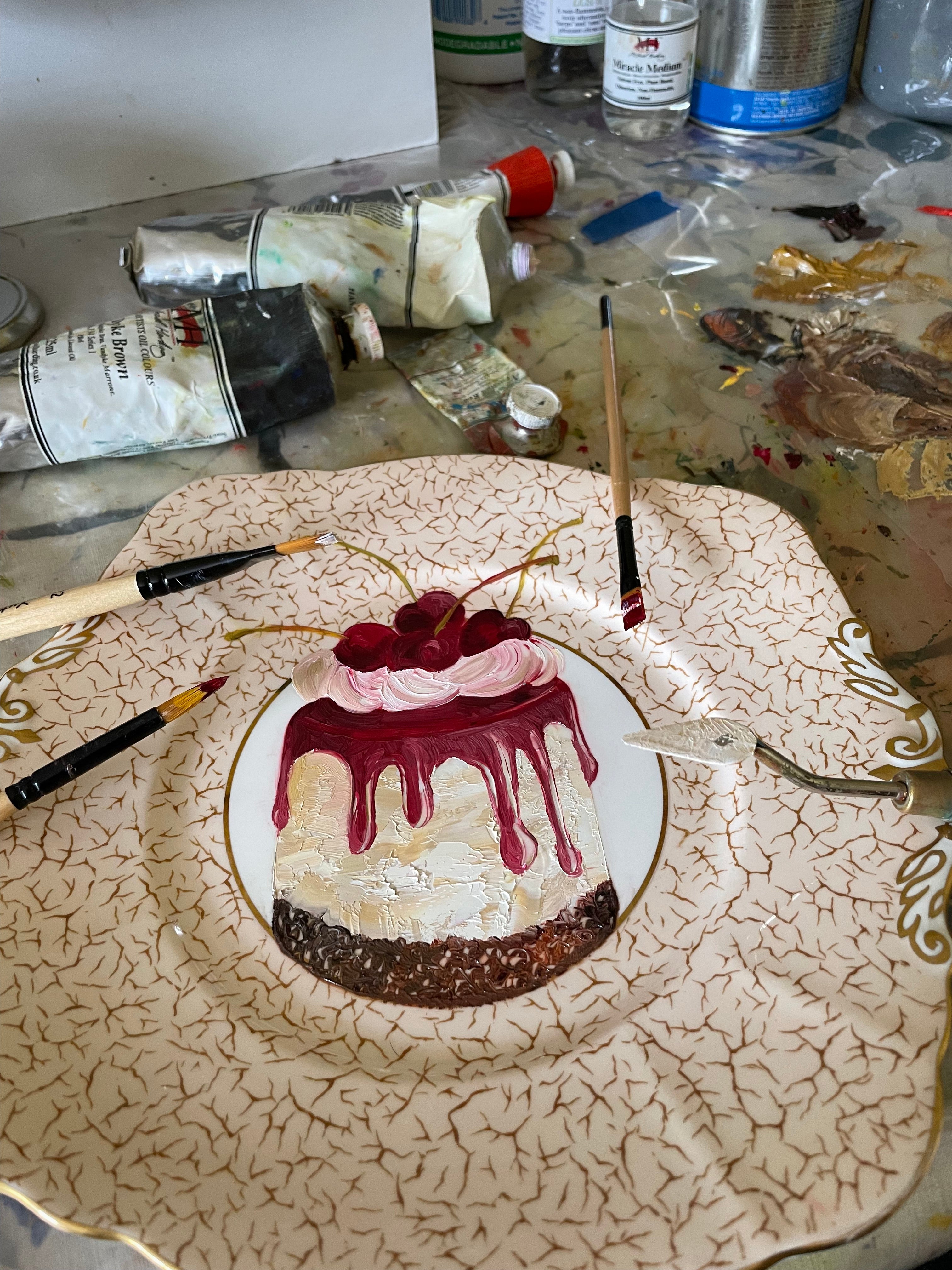 Cherry & Chocolate Torte Cake Original Oil Painting On Vintage Cake Plate