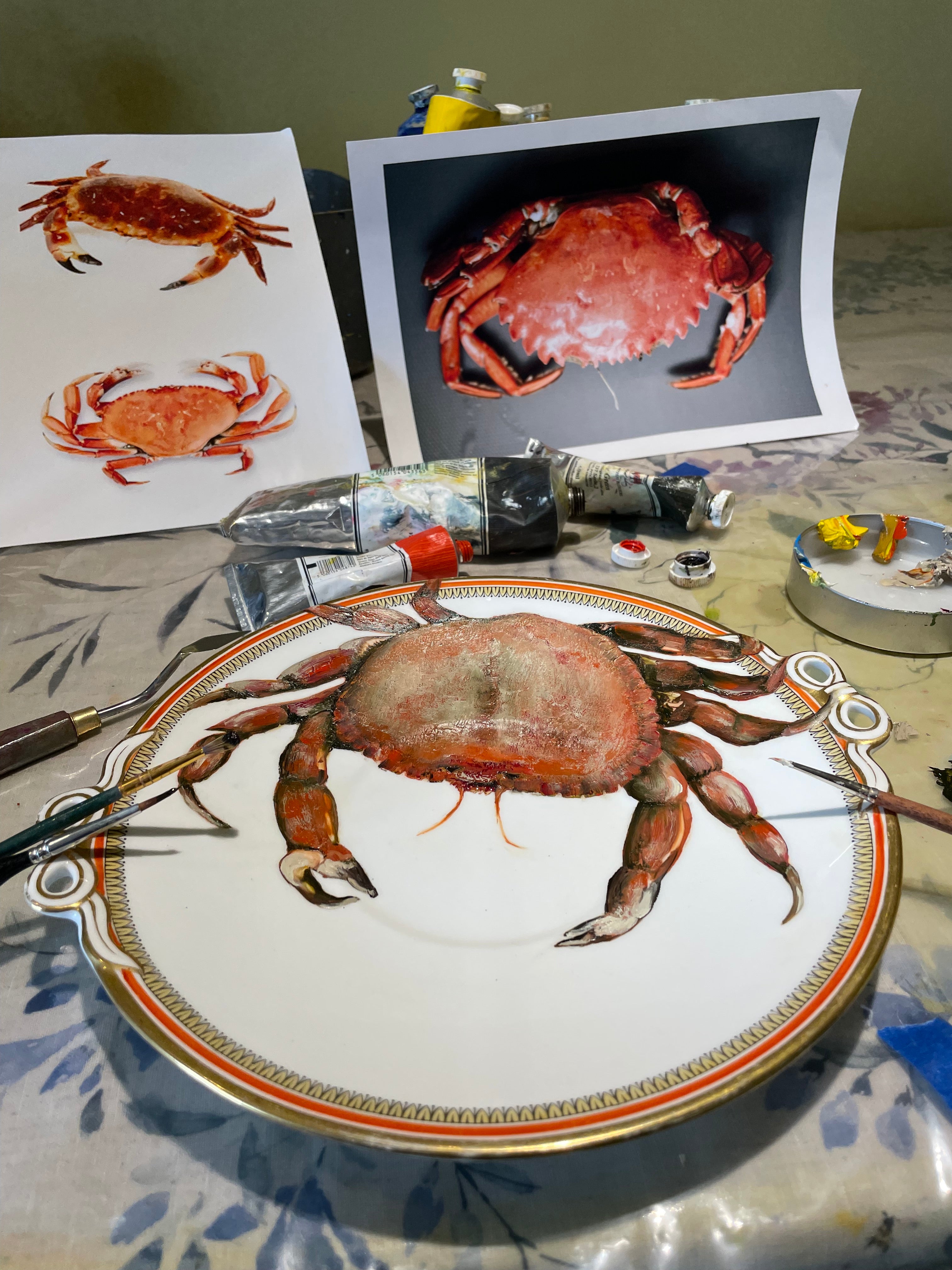 Crab fish - original oil painting on a vintage cake plate