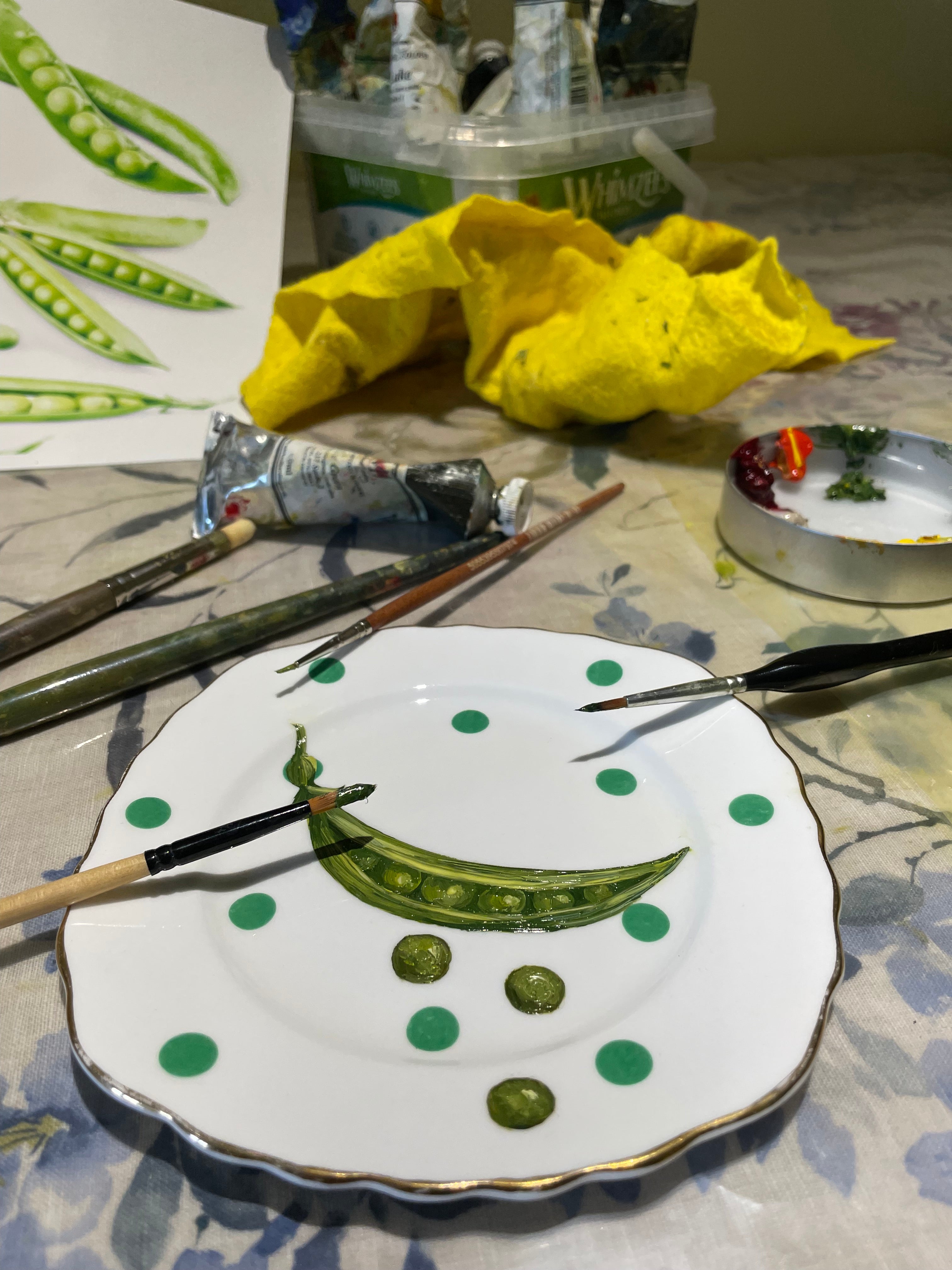 Pea pod - original oil painting on a vintage dotty tea plate
