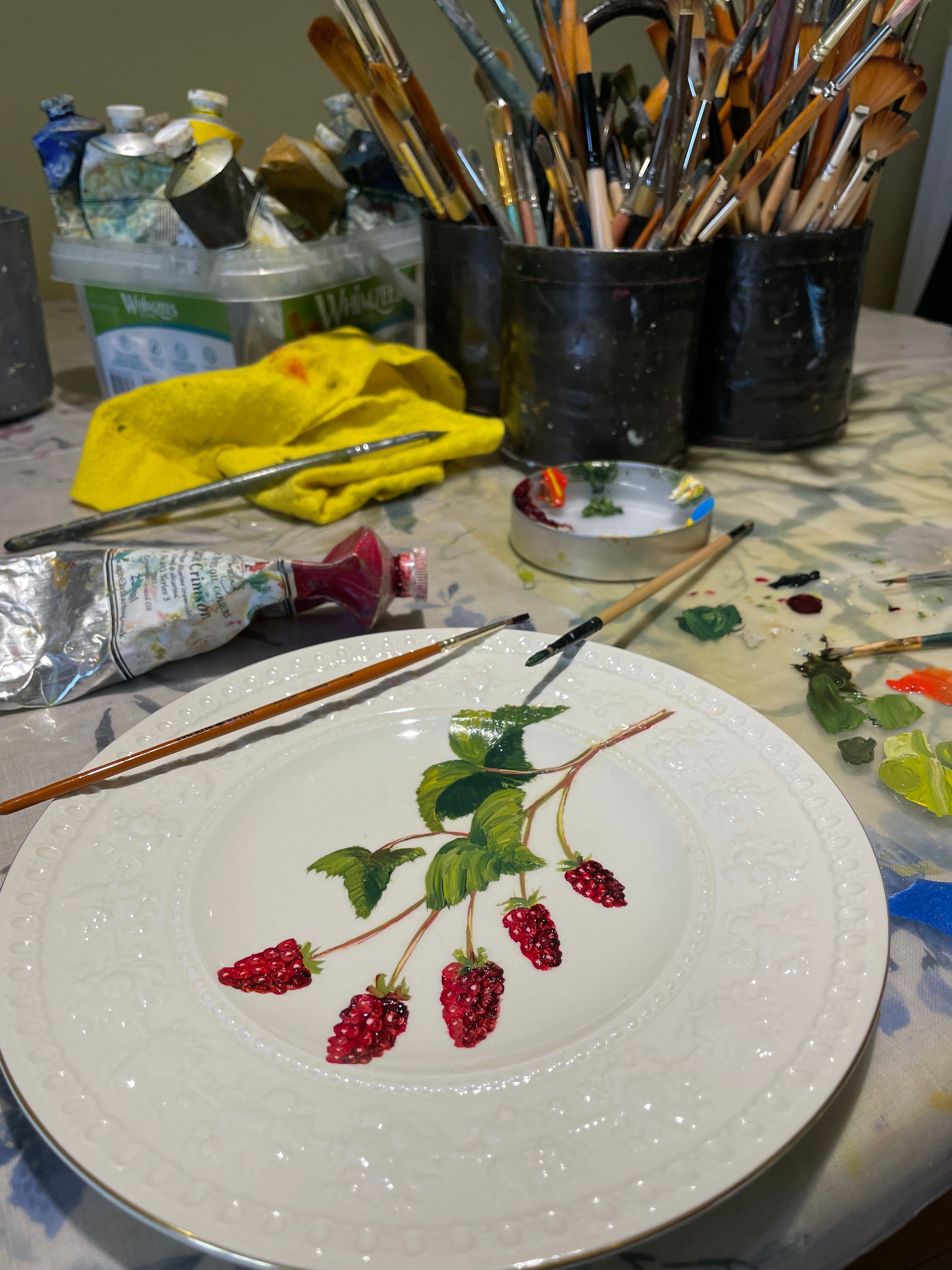 Original oil painting on vintage plate - raspberry spray