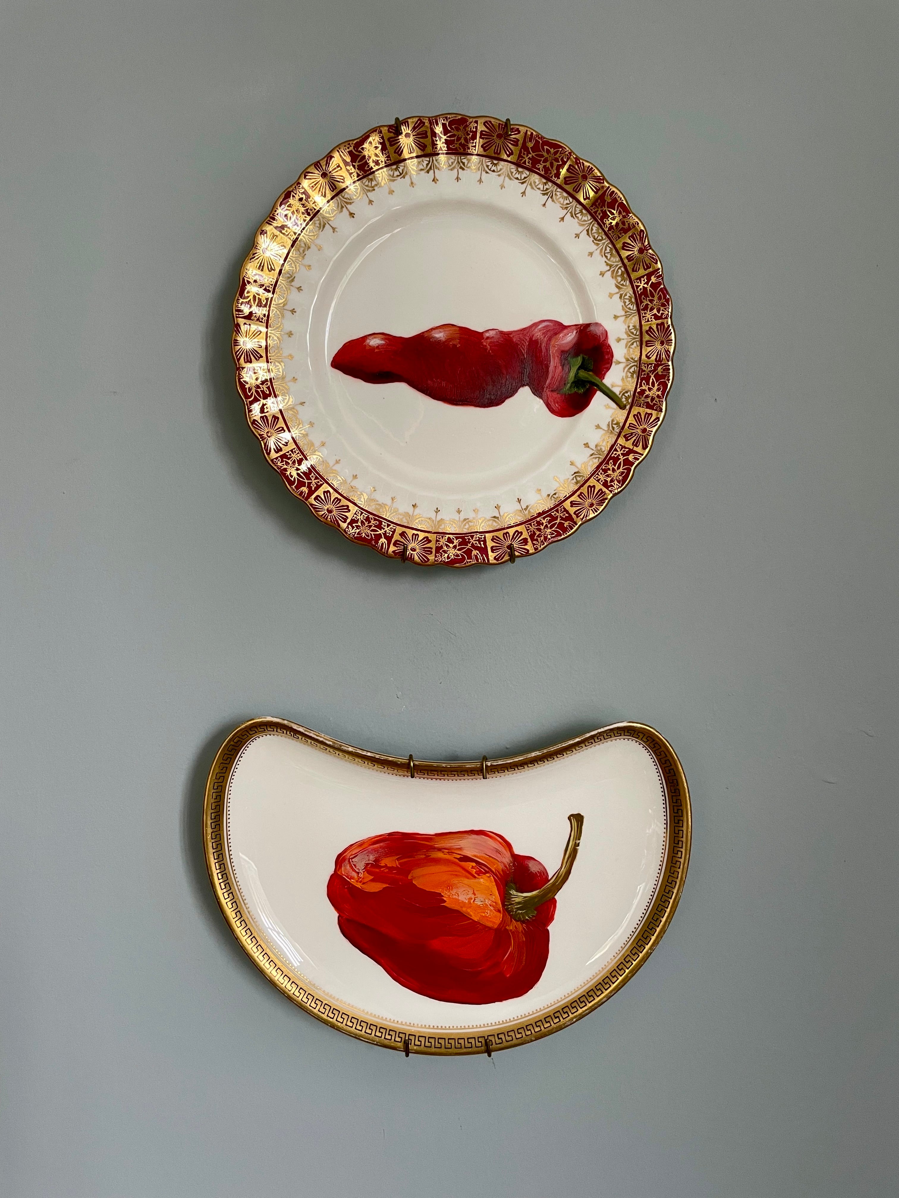 Plated: original fine art oil painting on a vintage tea plate - chilli