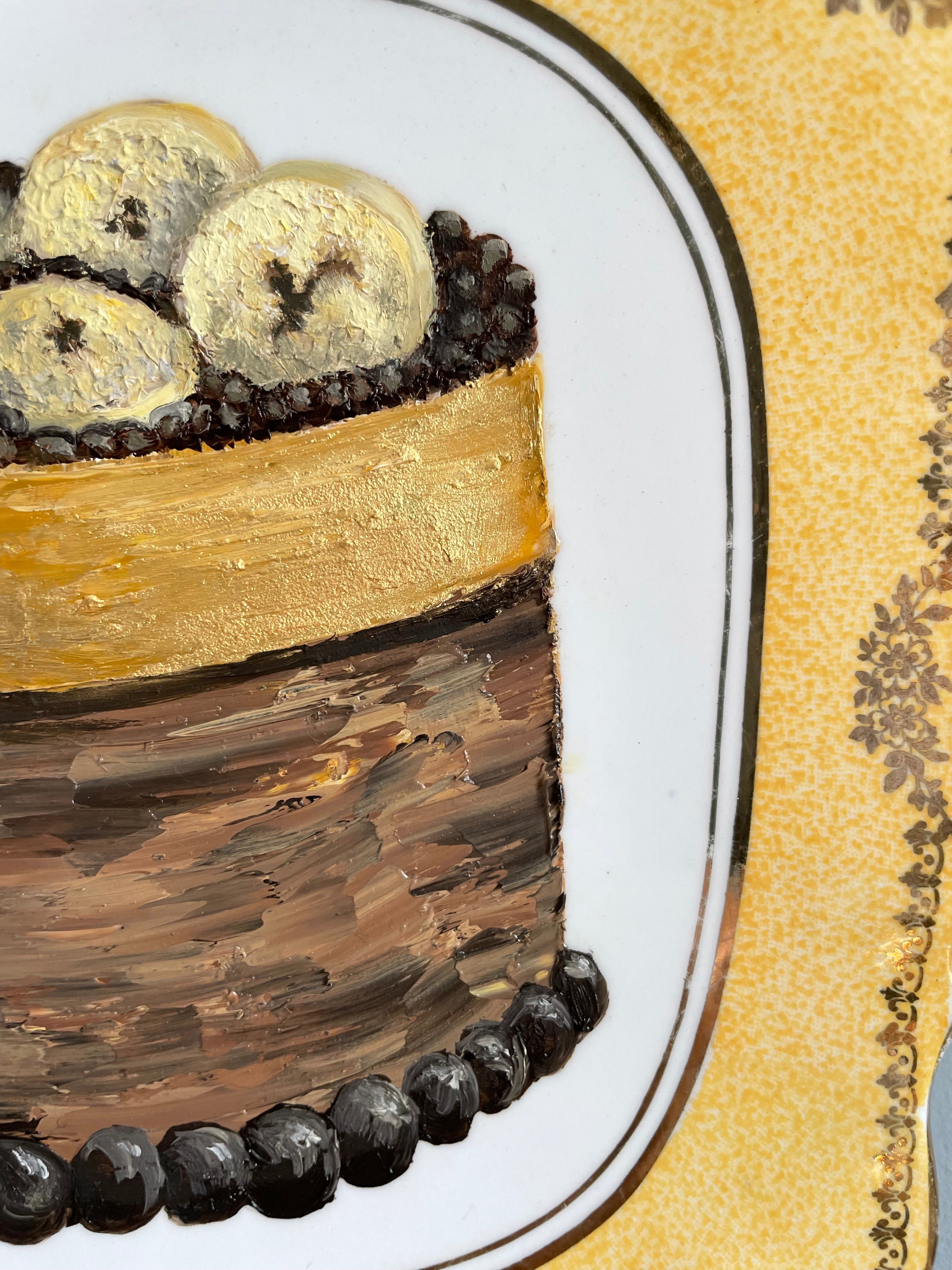 Banana & Chocolate Torte Cake Original Oil Painting On Vintage Cake Plate