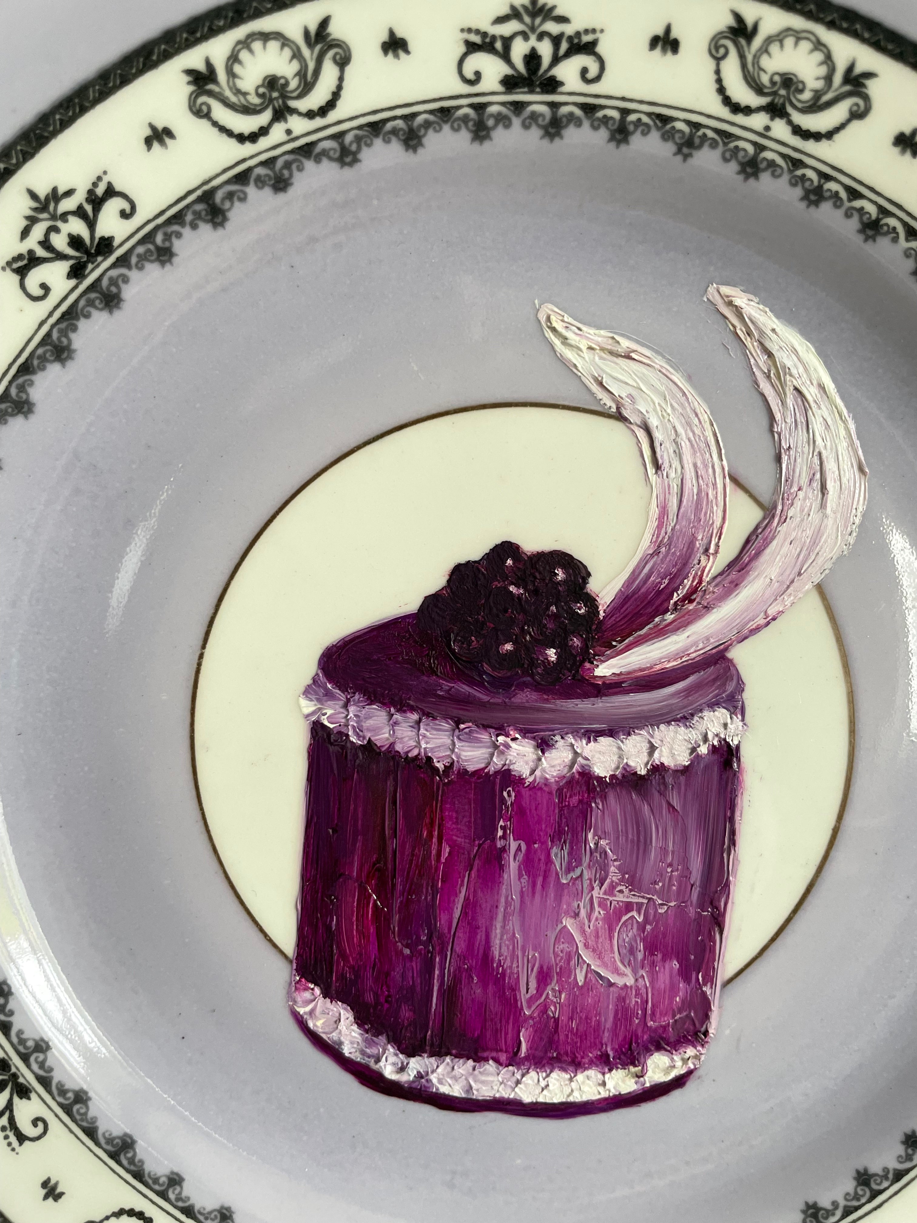 Blackberry Torte Fondant Cake Original Oil Painting On Vintage Tea Plate