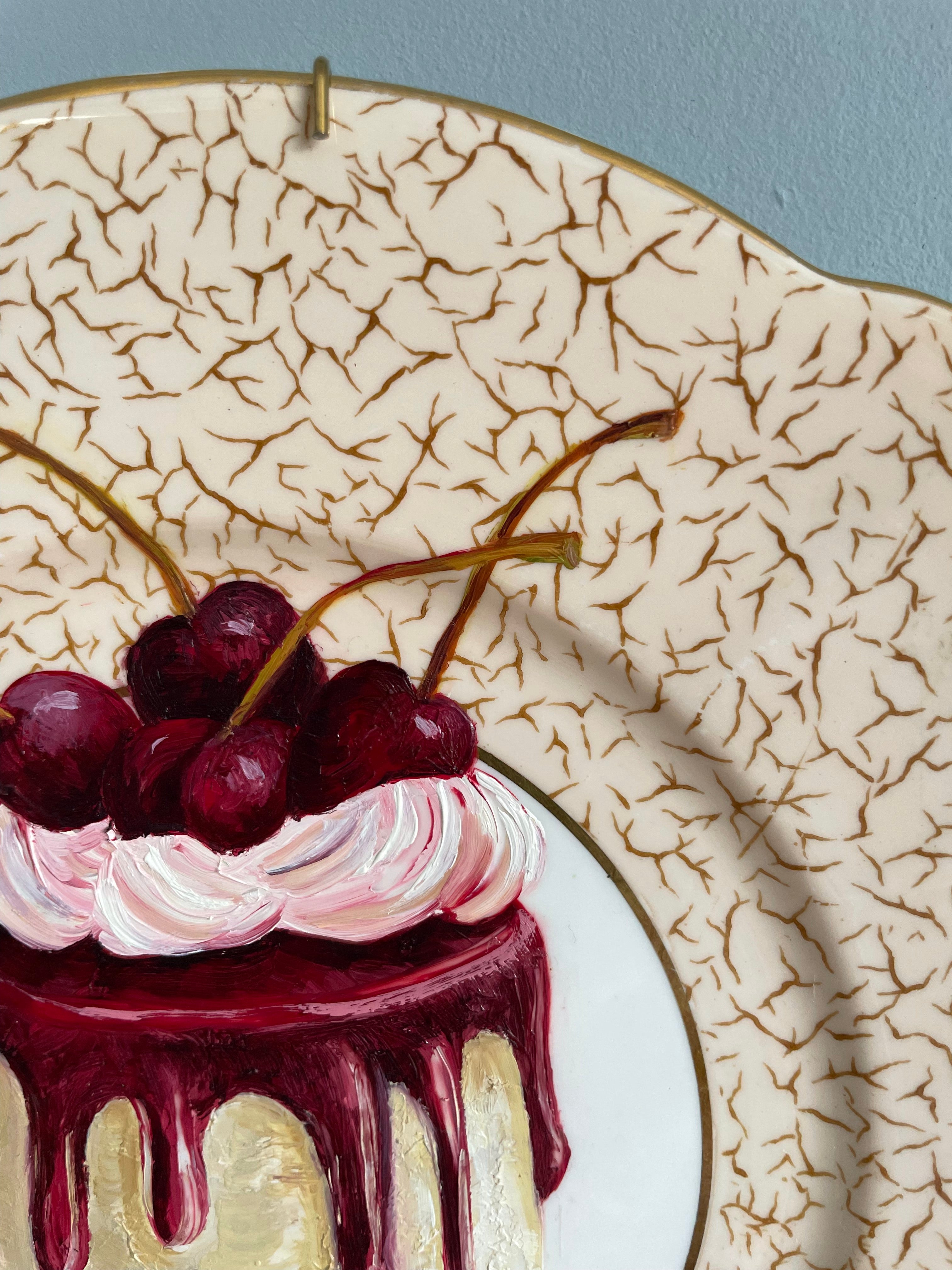 Cherry & Chocolate Torte Cake Original Oil Painting On Vintage Cake Plate