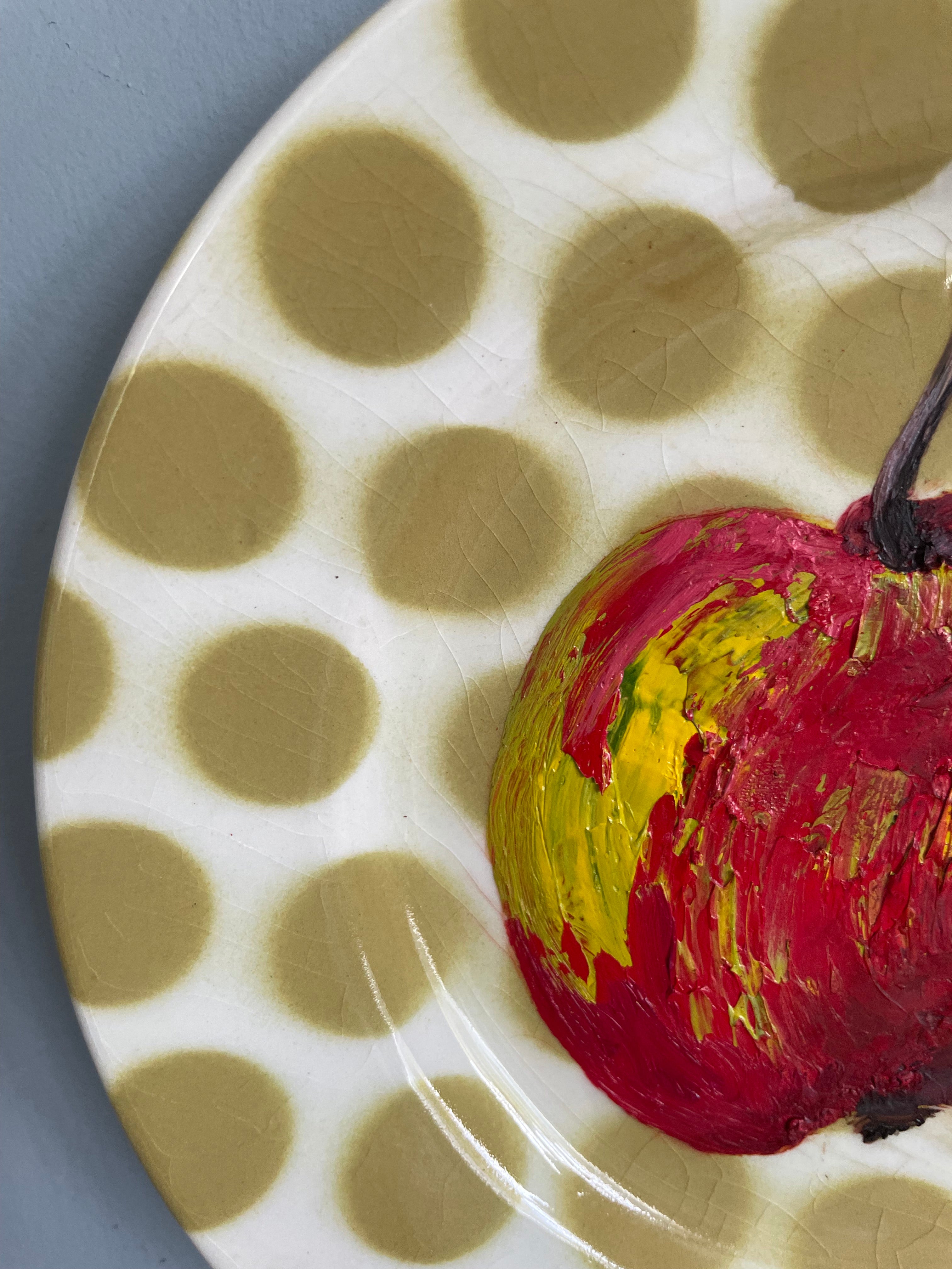 Red apple - original oil painting on a vintage 1960s Tams Ware tea plate
