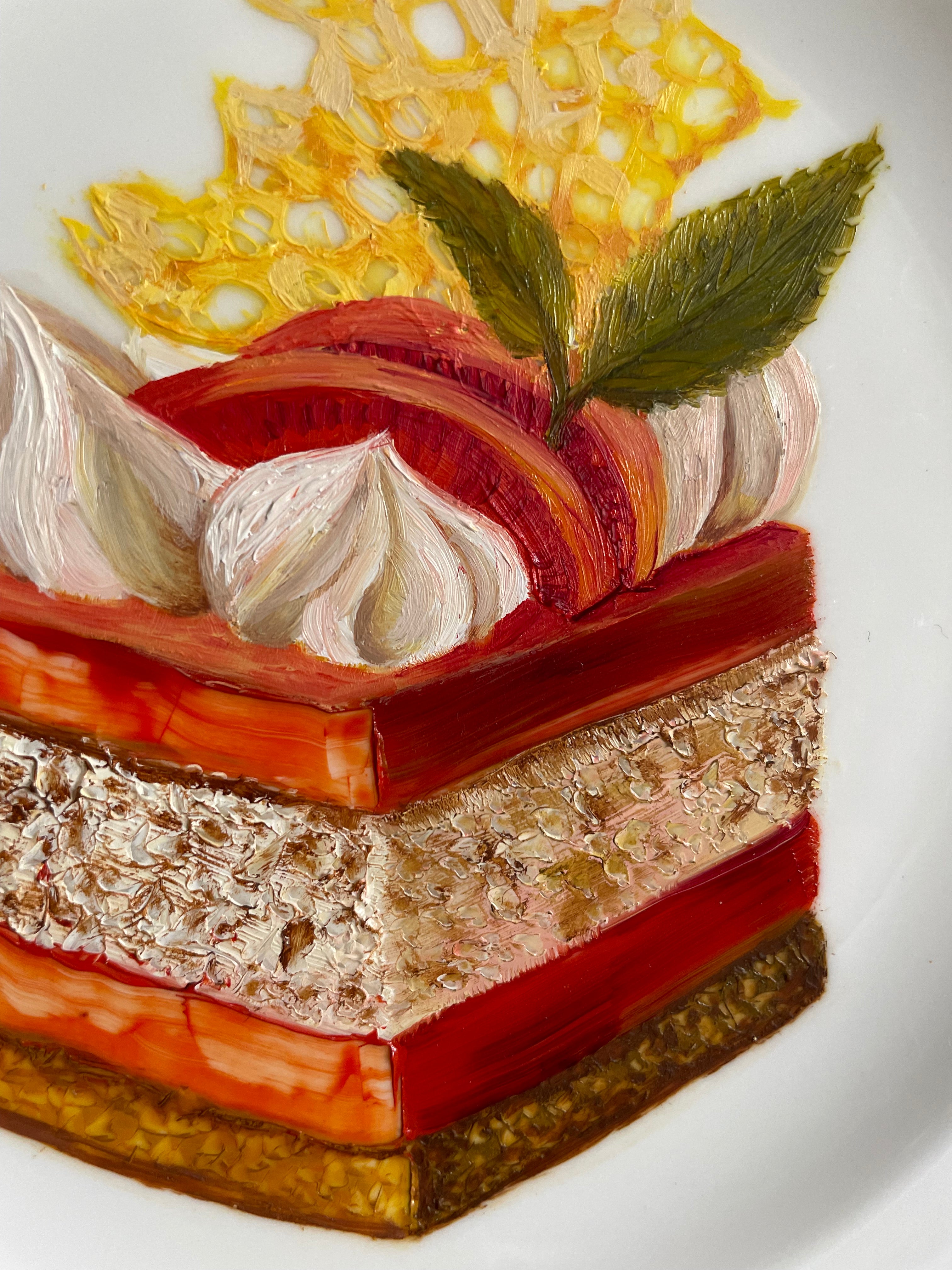Peach Melba Torte Cake Original Oil Painting On 1930s Cake Plate