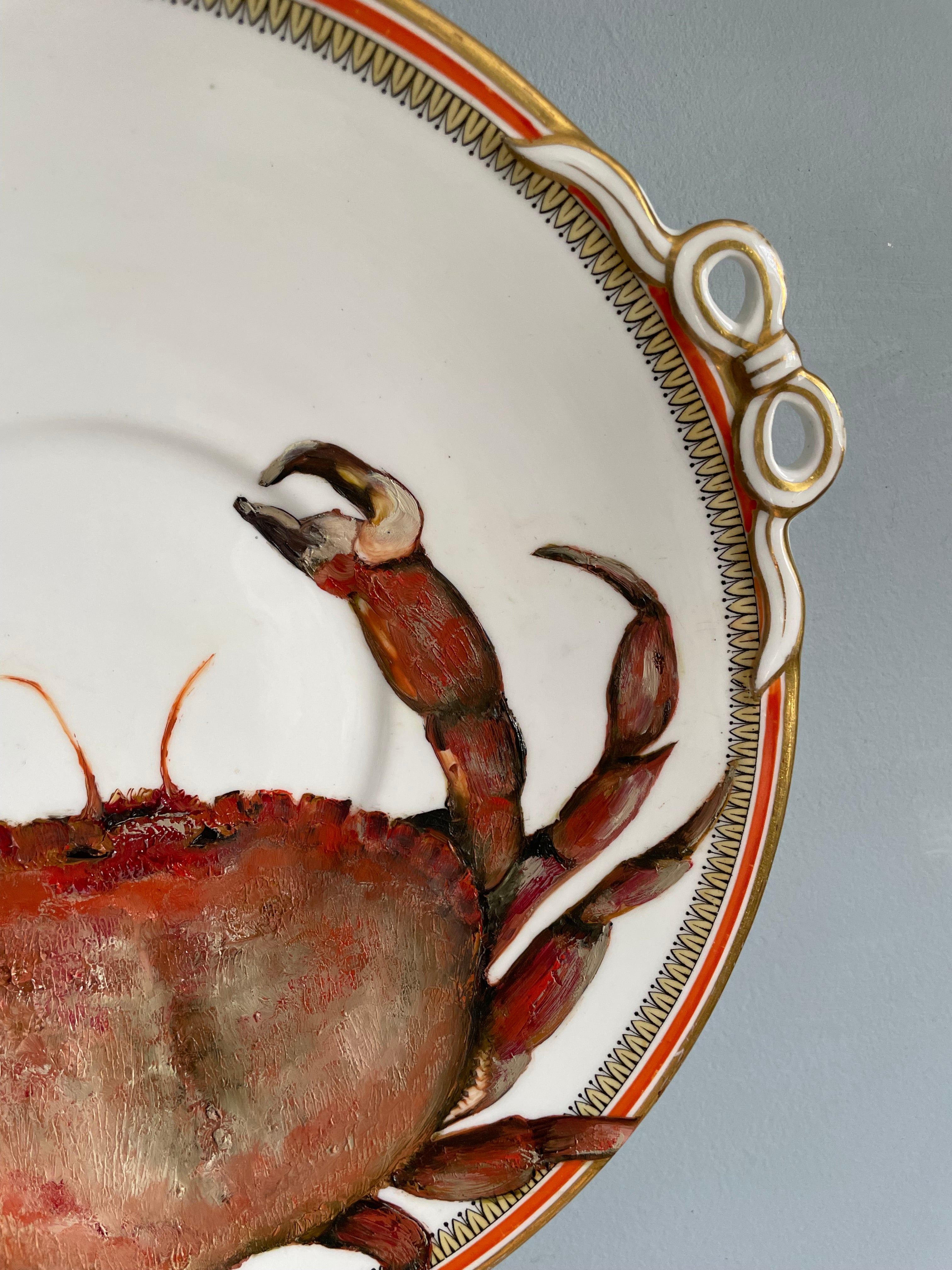 Crab fish - original oil painting on a vintage cake plate