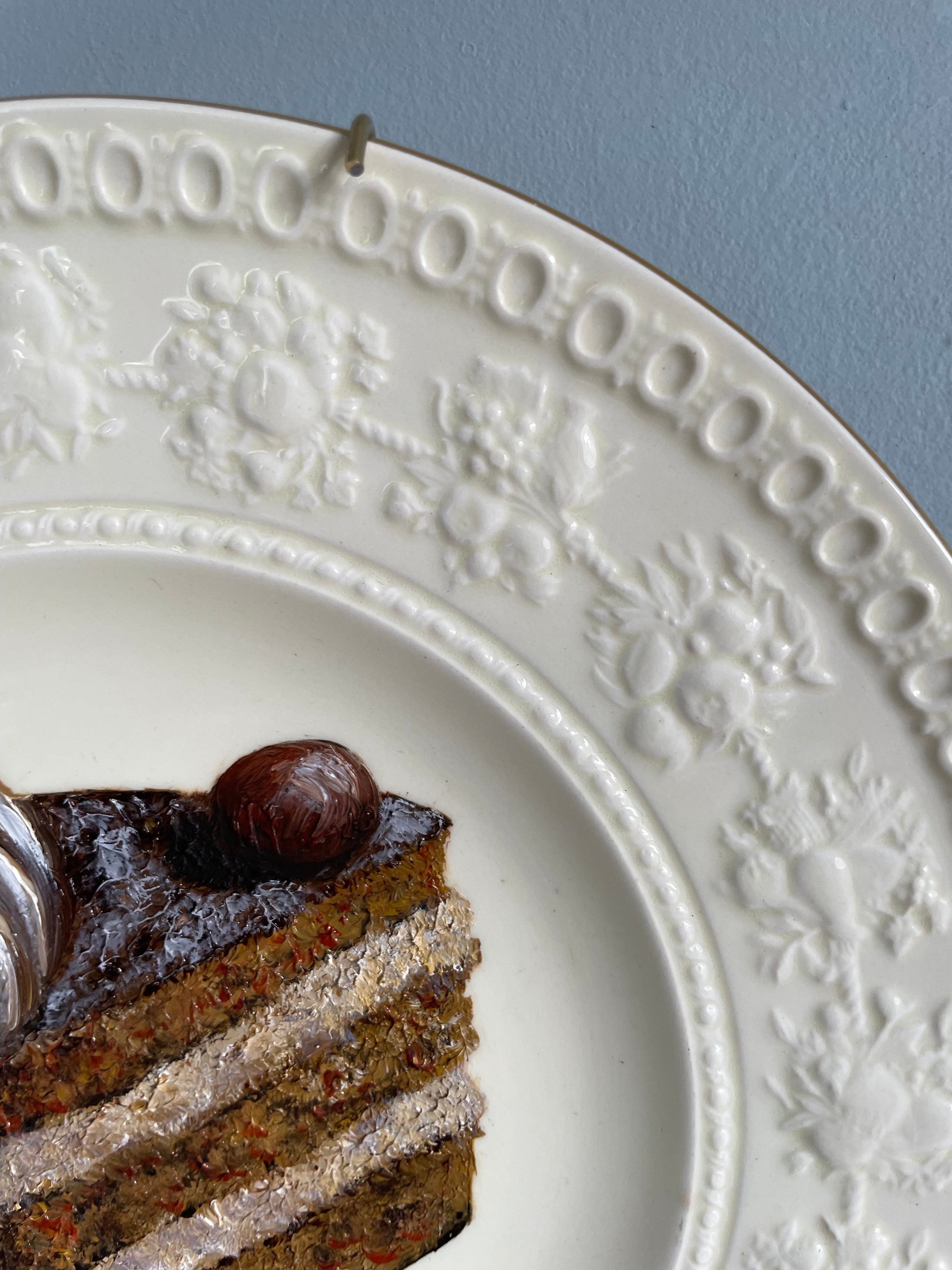 Chocolate & Walnut Gateau Cake Slice Original Oil Painting On Vintage Plate