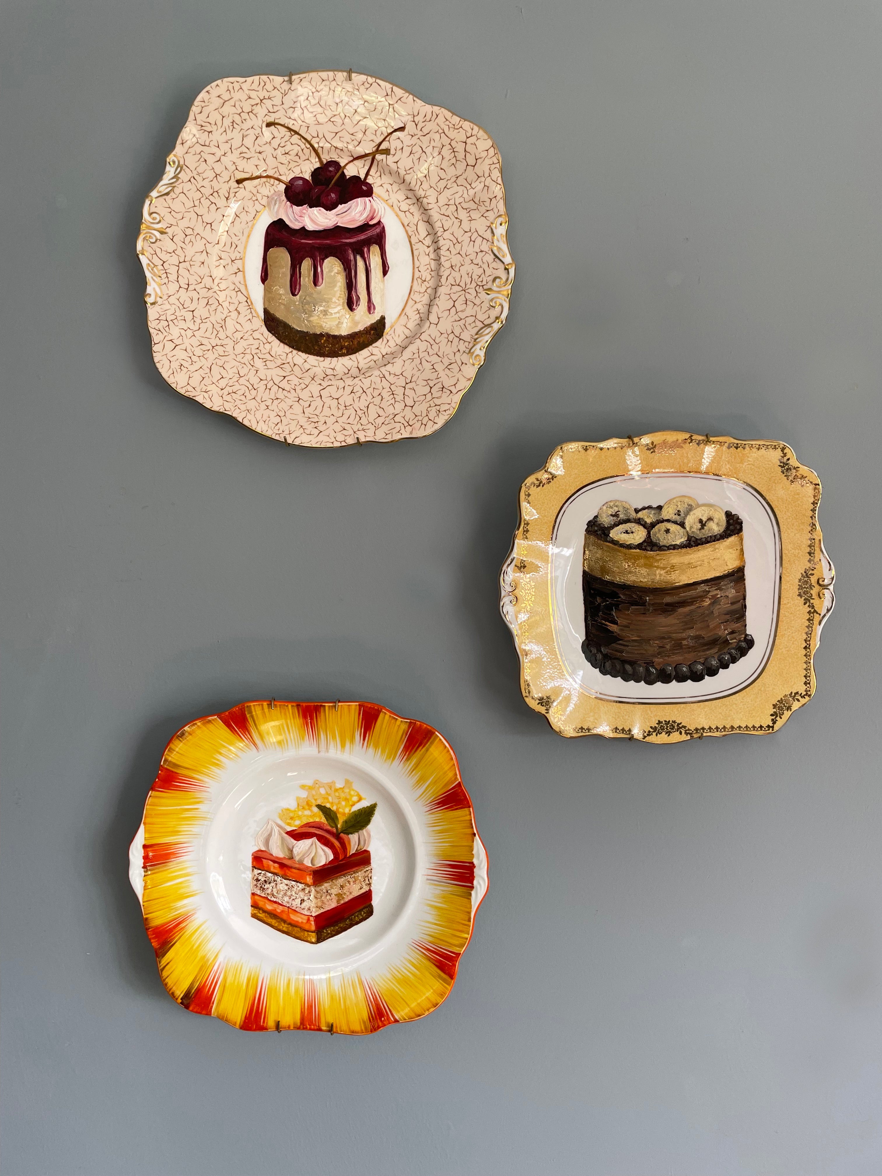 Banana & Chocolate Torte Cake Original Oil Painting On Vintage Cake Plate
