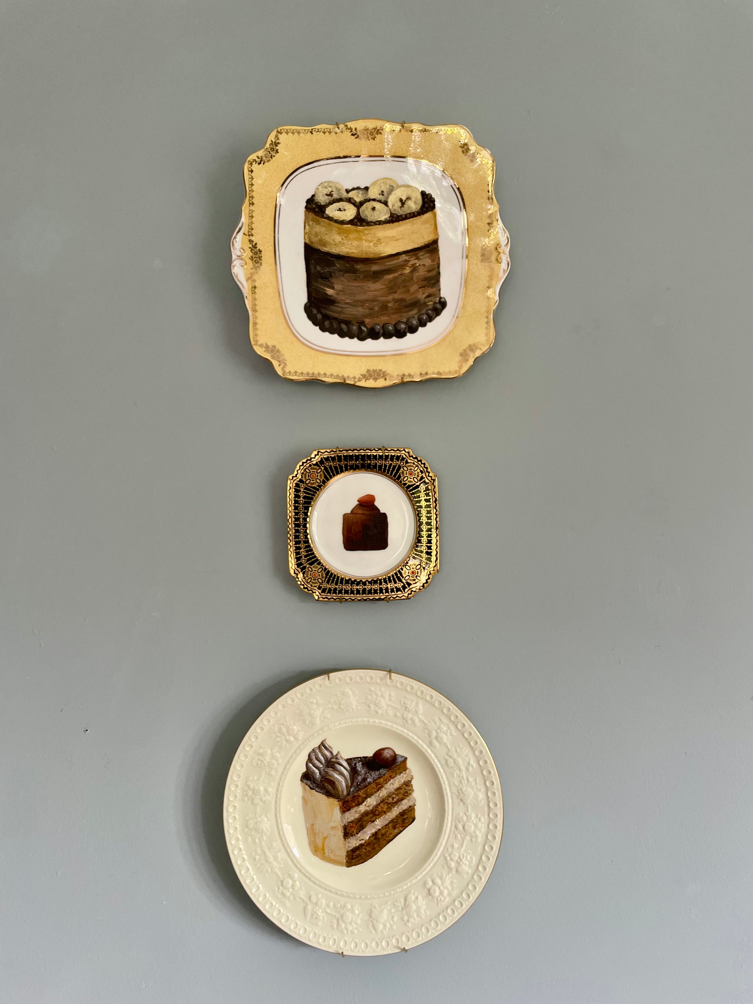 Chocolate & Walnut Gateau Cake Slice Original Oil Painting On Vintage Plate