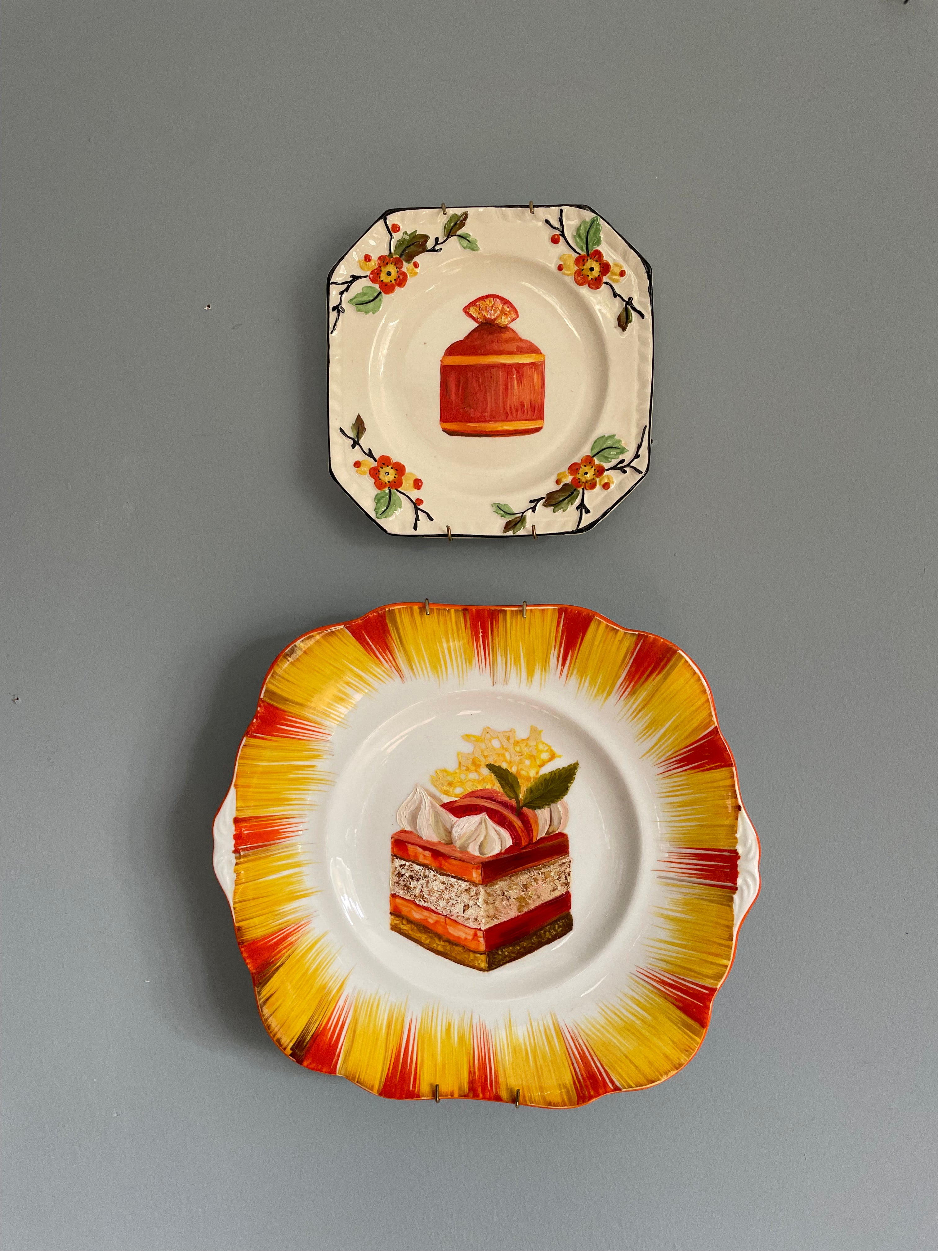 Peach Melba Torte Cake Original Oil Painting On 1930s Cake Plate