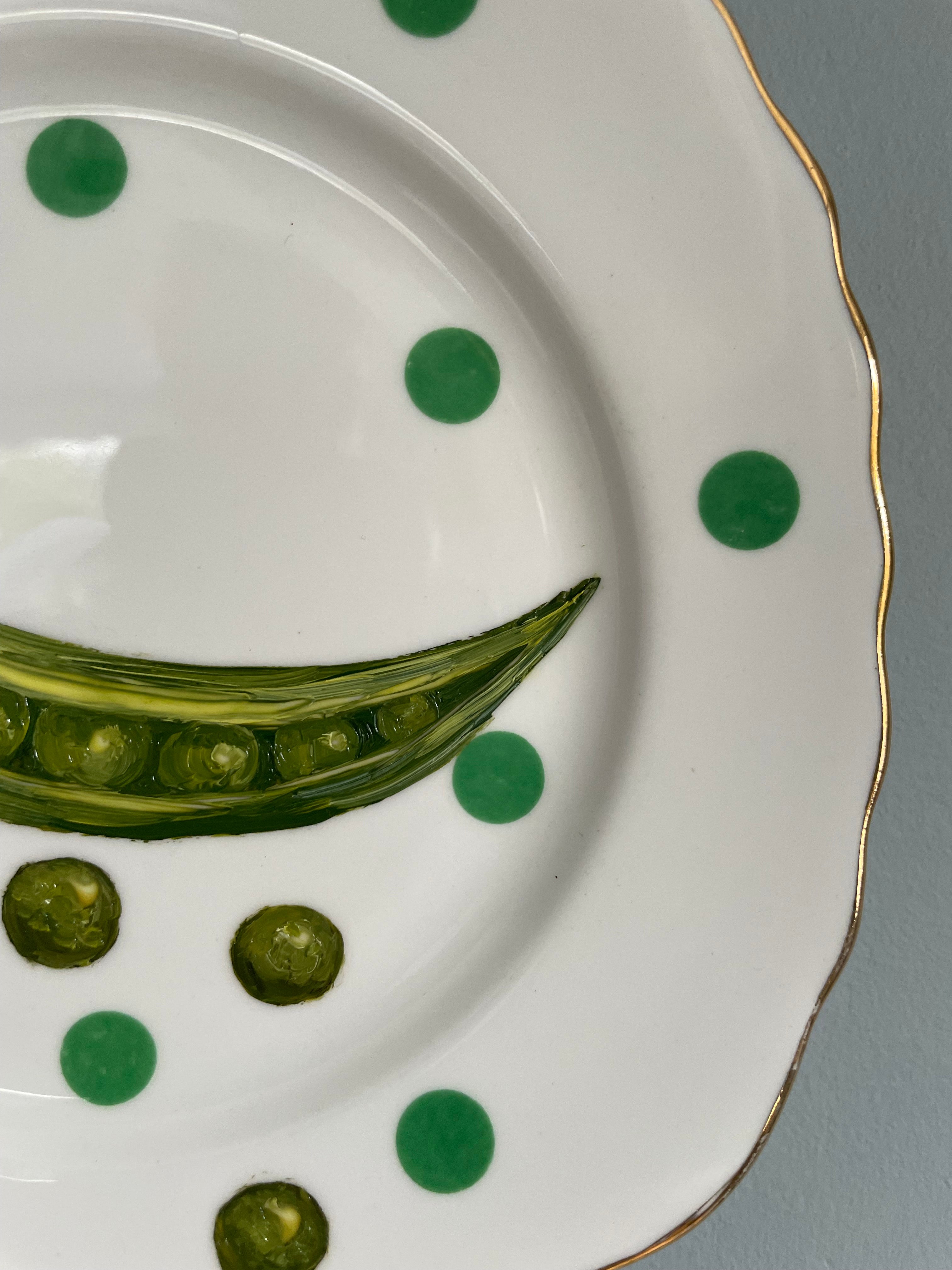Pea pod - original oil painting on a vintage dotty tea plate