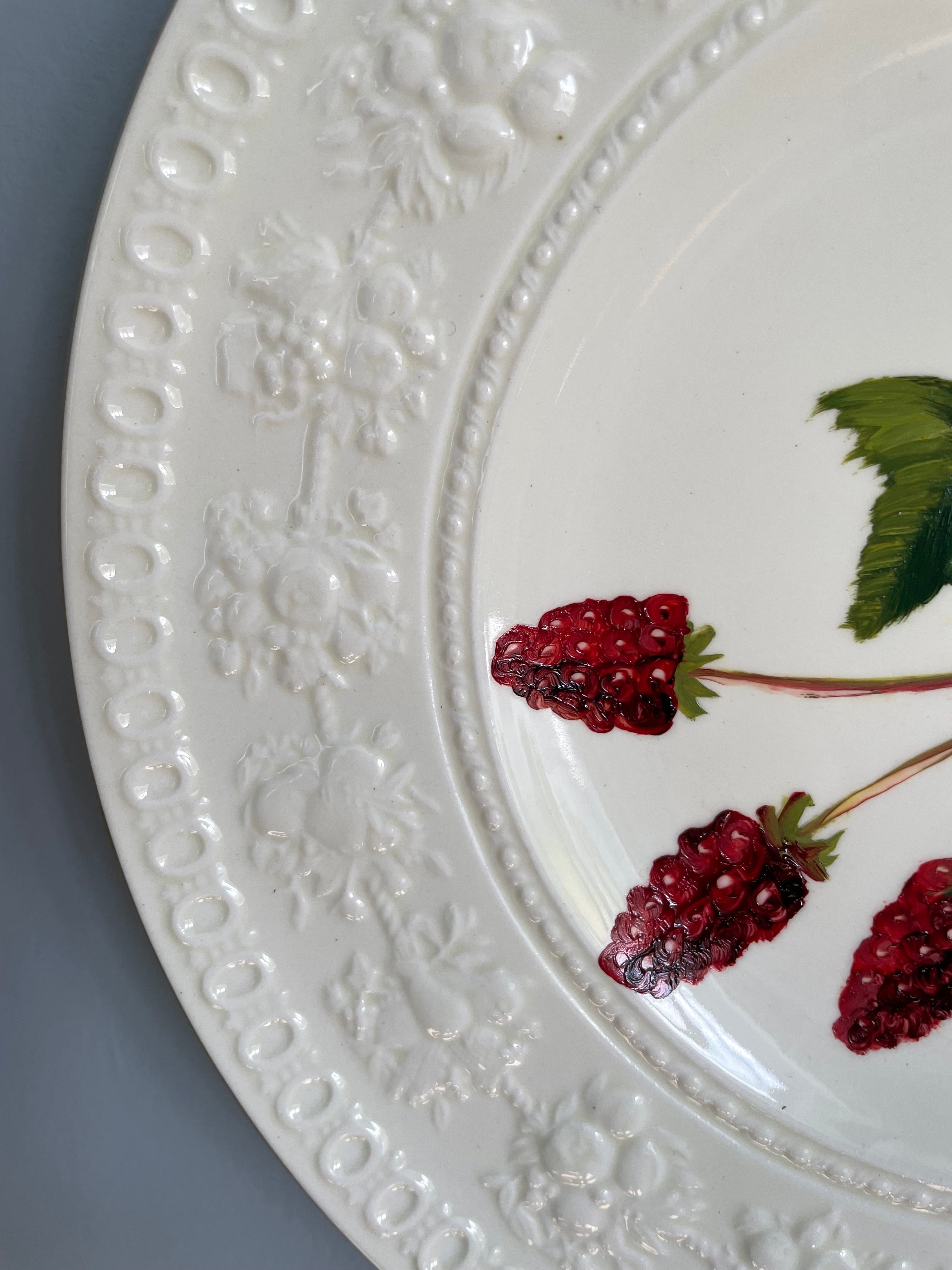 Original oil painting on vintage plate - raspberry spray