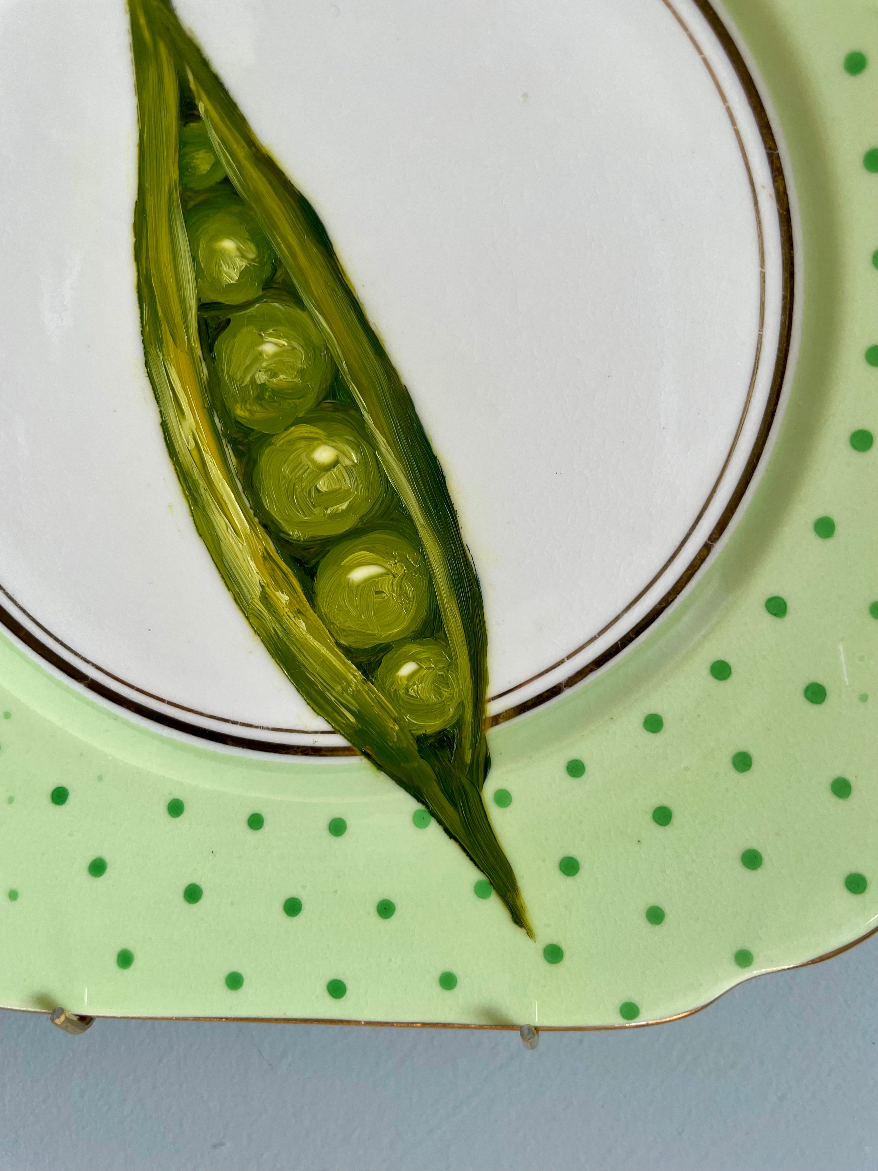 Pea pod - original oil painting on a vintage tea plate