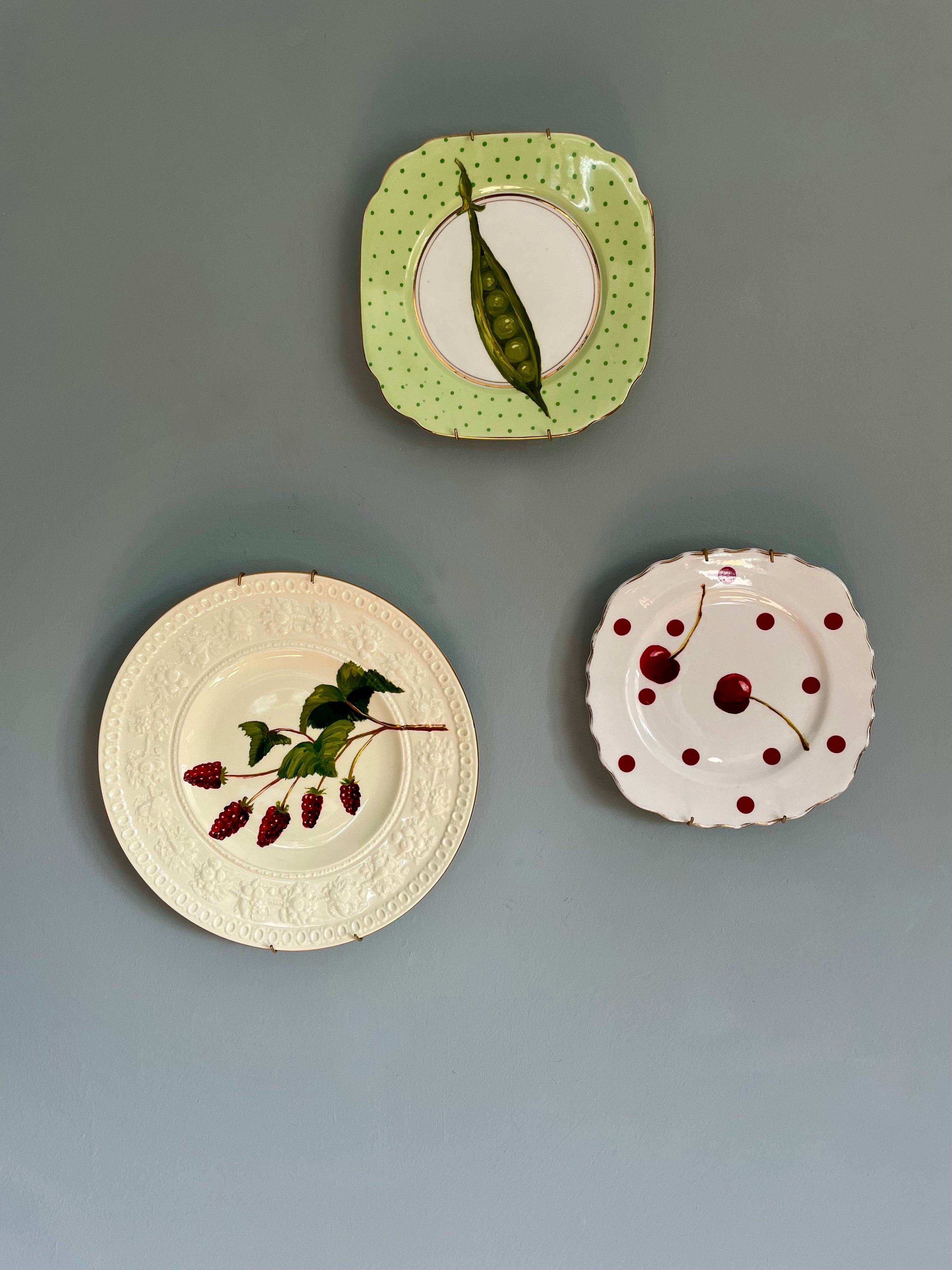 Original oil painting on vintage plate - raspberry spray