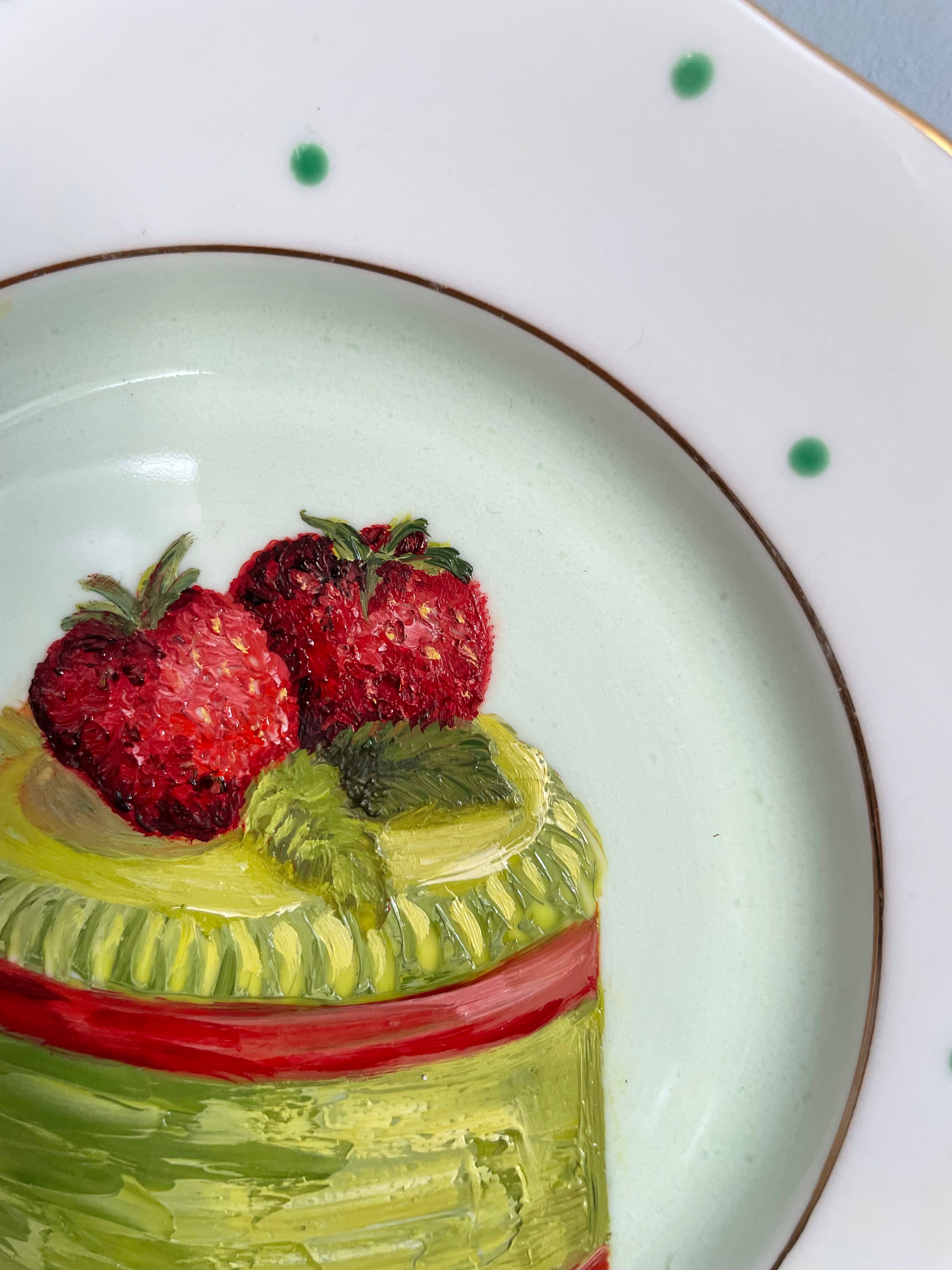 Lime & Strawberry Fondant Cake Original Oil Painting On Vintage Dotty Tea Plate