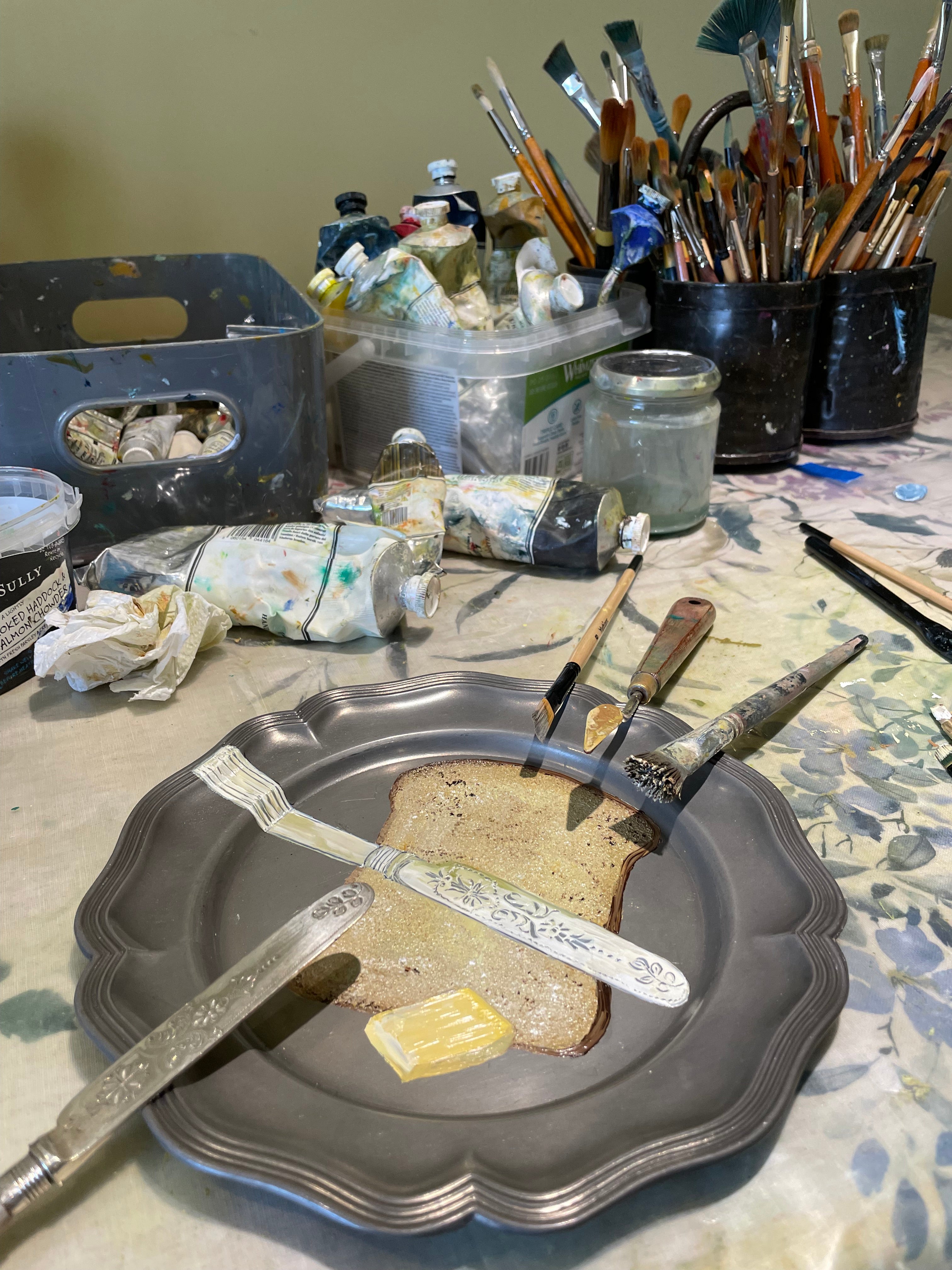 Original oil painting on antique pewter plate - bread & butter with an antique butter knife
