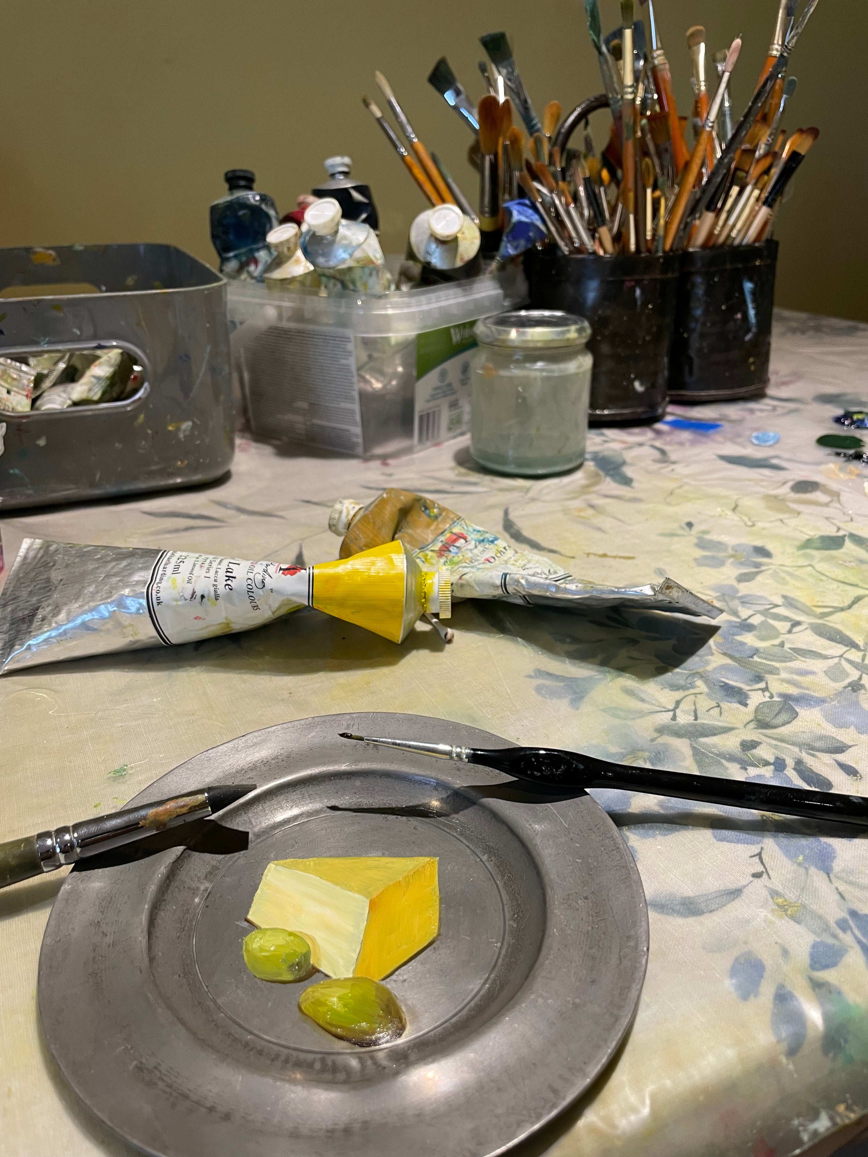 Original oil painting on antique pewter plate - cheddar cheese with olives