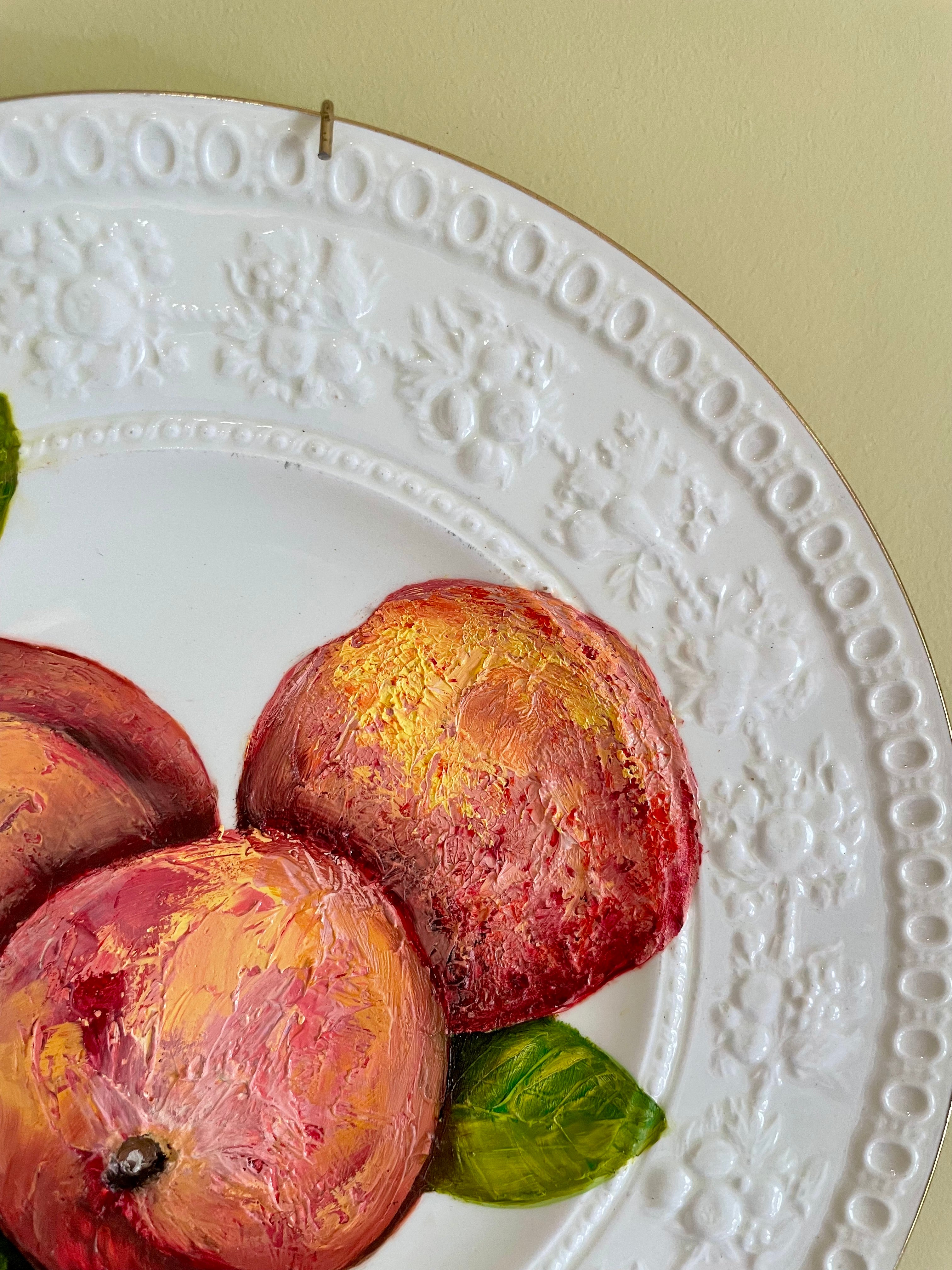 3 Peaches - original oil painting on vintage Wedgewood Wellesley salad plate