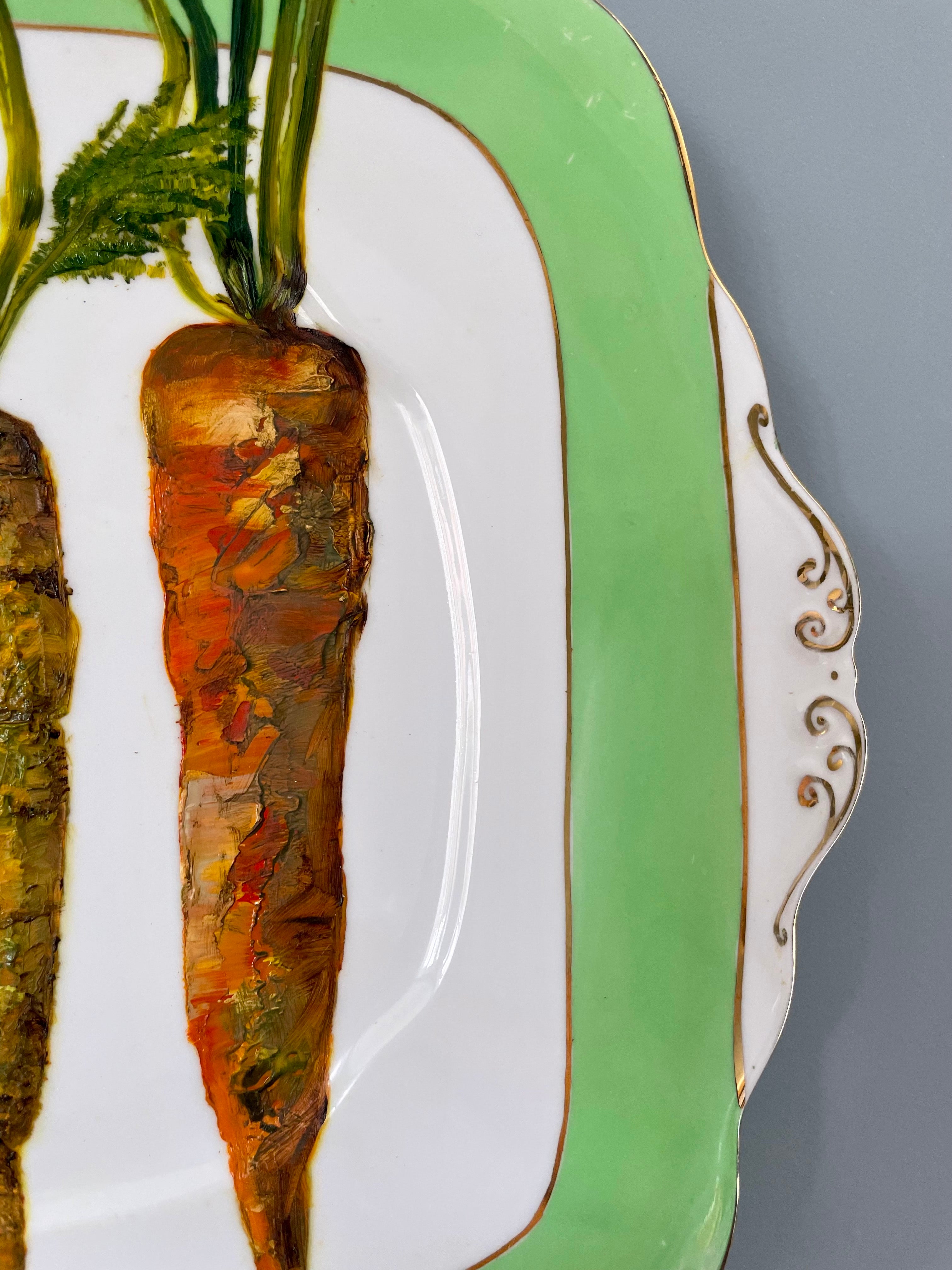 3 Carrots - original oil painting on vintage cake plate