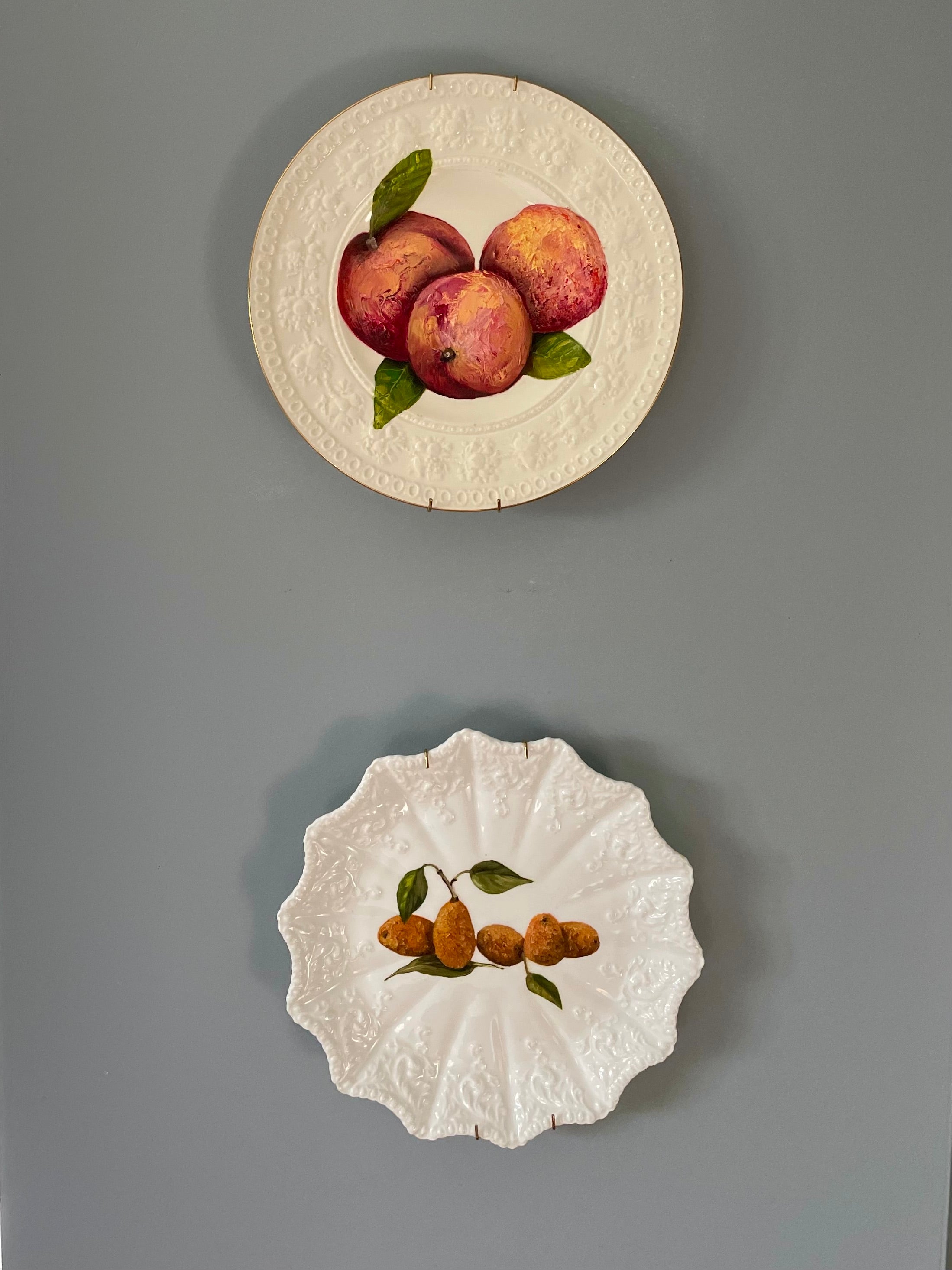 3 Peaches - original oil painting on vintage Wedgewood Wellesley salad plate