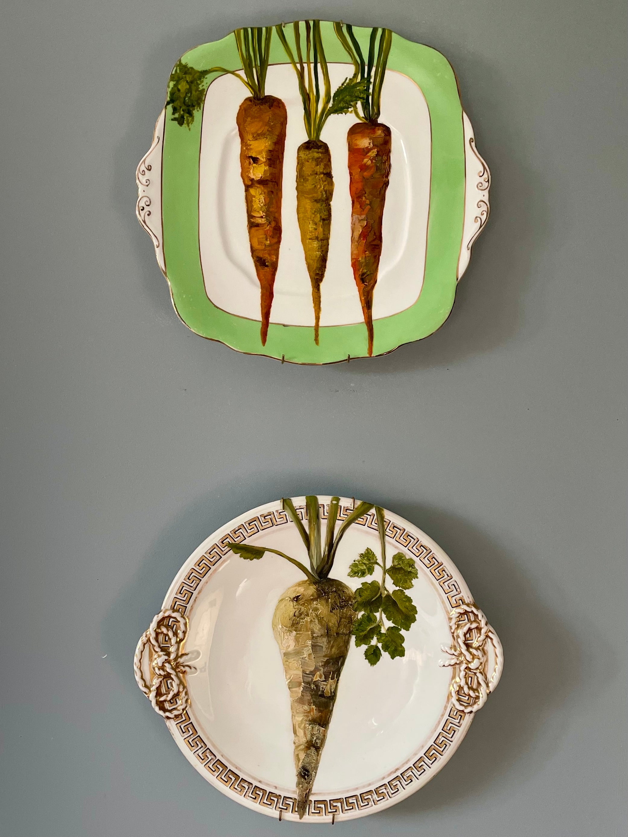 3 Carrots - original oil painting on vintage cake plate