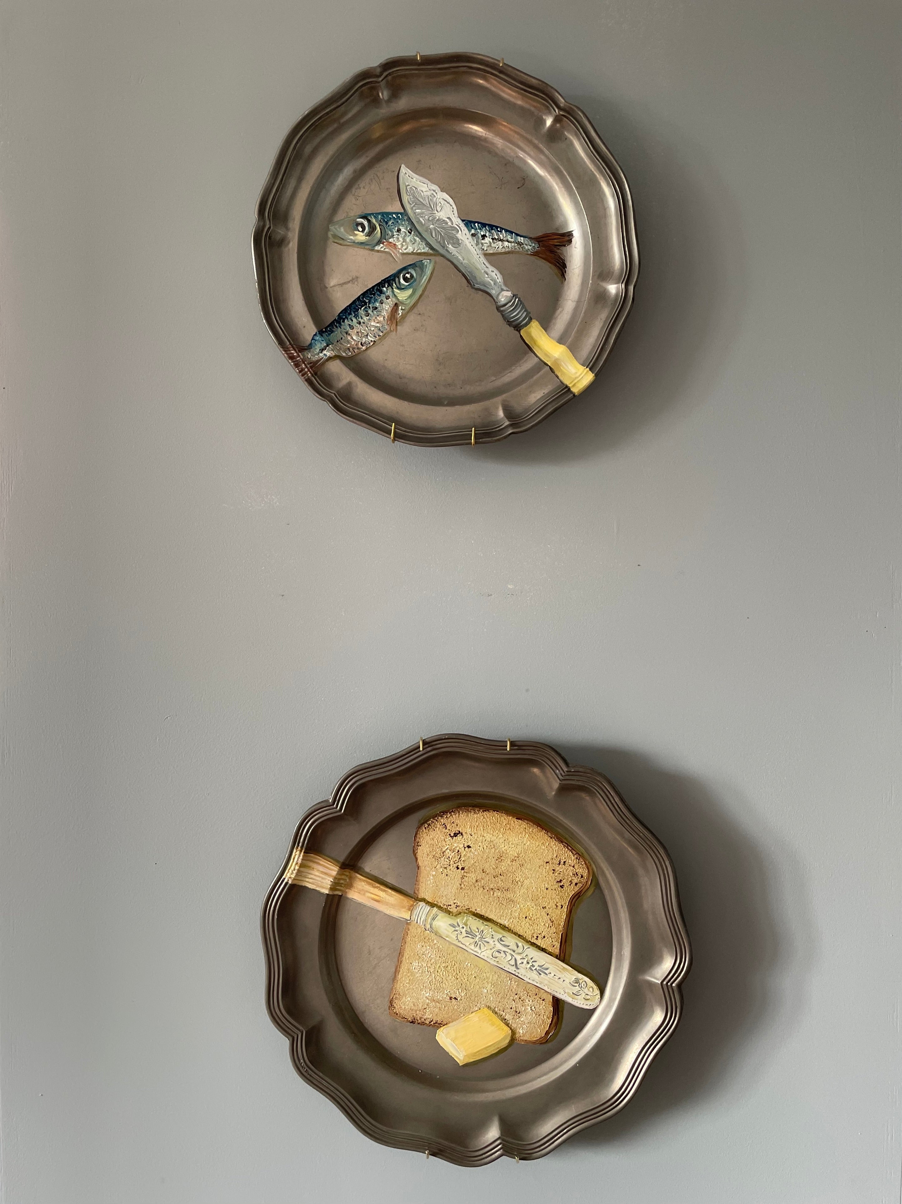 Original oil painting on antique pewter plate - bread & butter with an antique butter knife