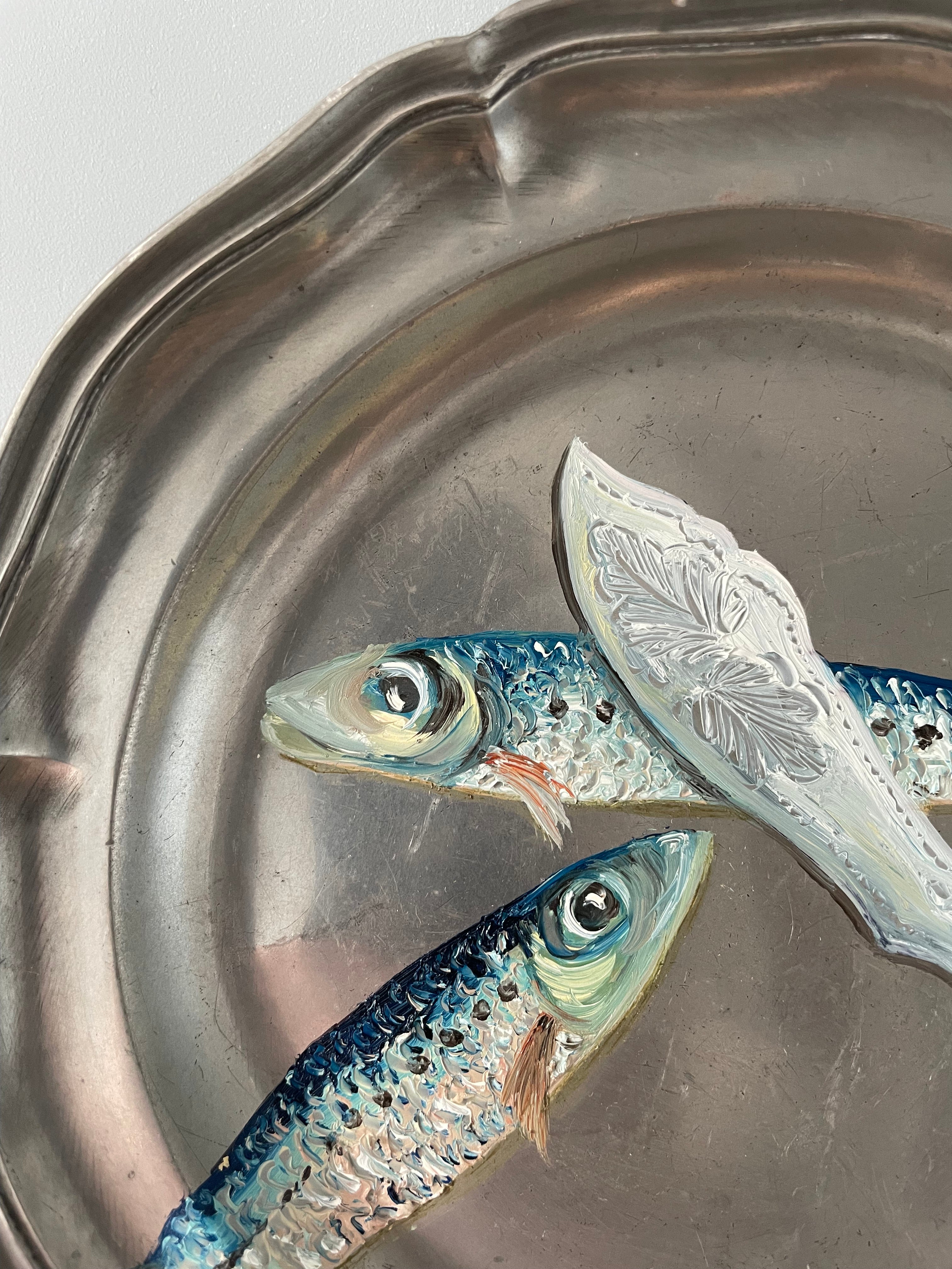 Original oil painting on antique pewter plate - sardines & vintage fish knife