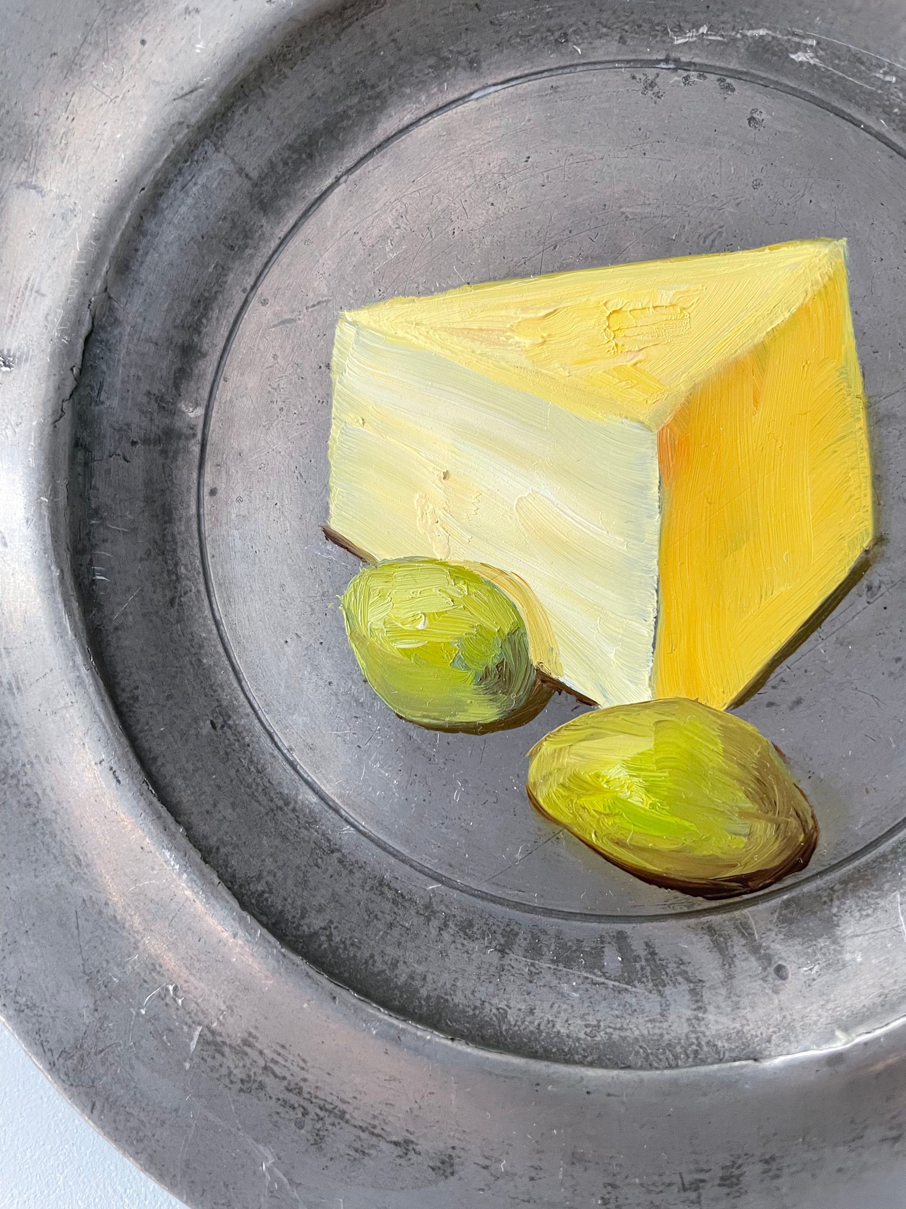 Original oil painting on antique pewter plate - cheddar cheese with olives