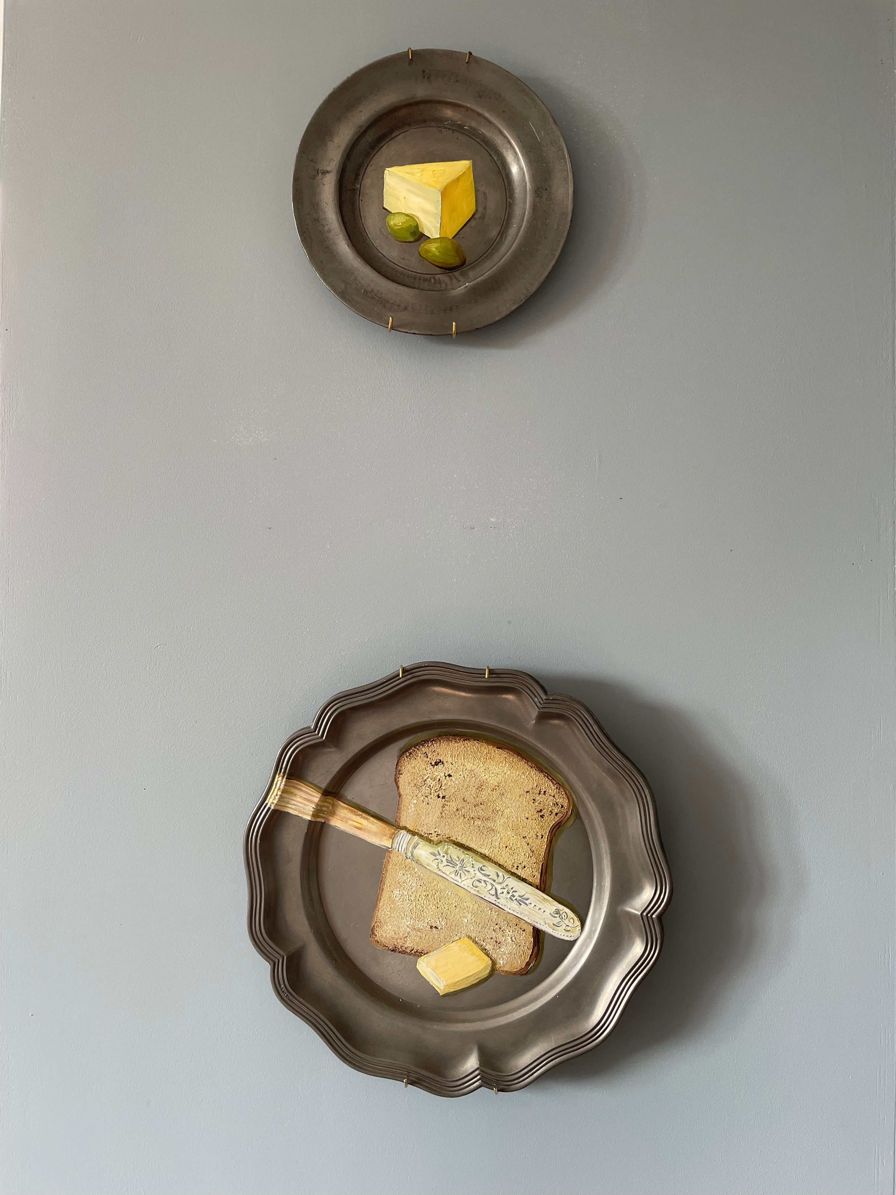 Original oil painting on antique pewter plate - cheddar cheese with olives
