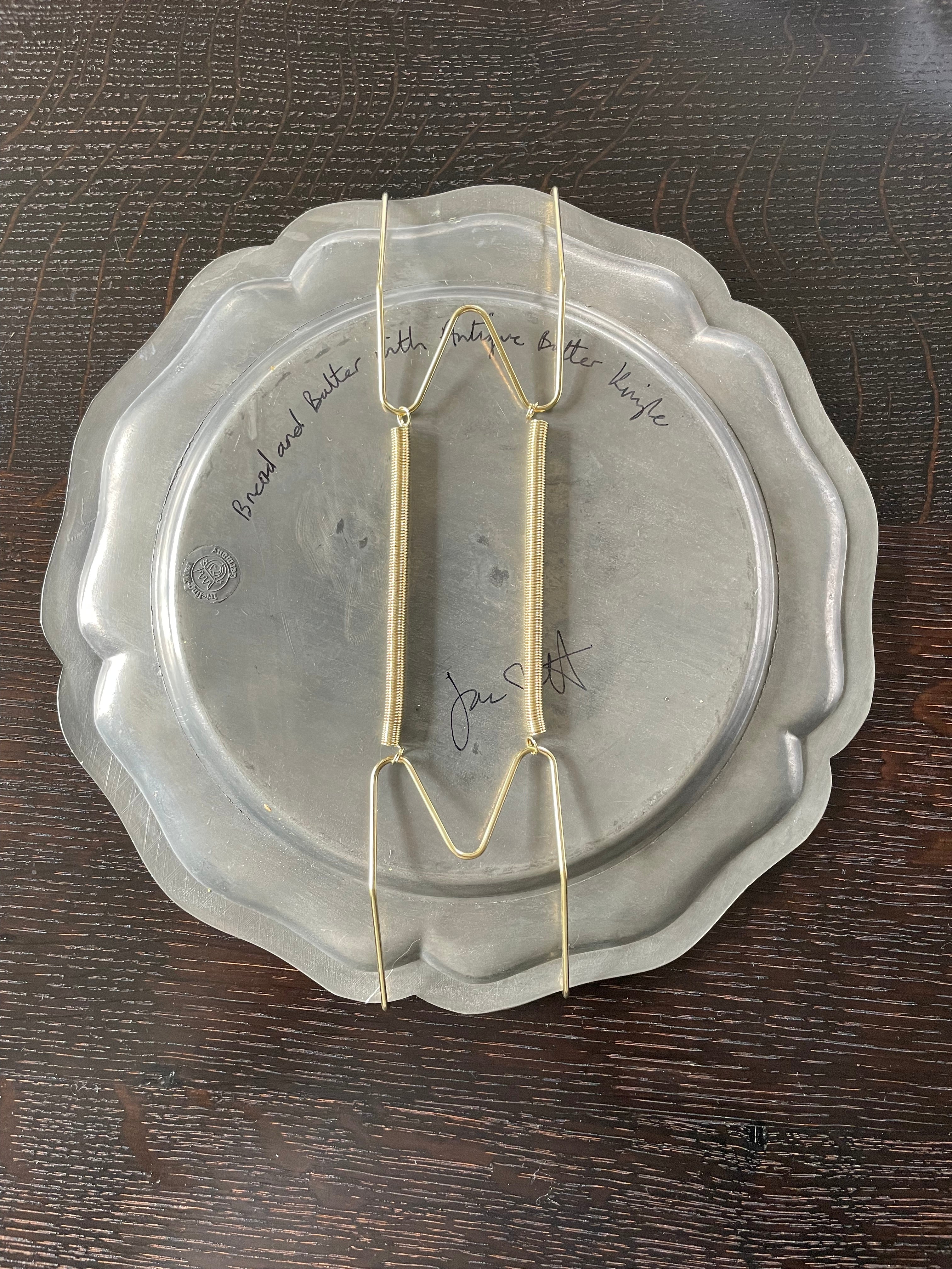 Original oil painting on antique pewter plate - bread & butter with an antique butter knife