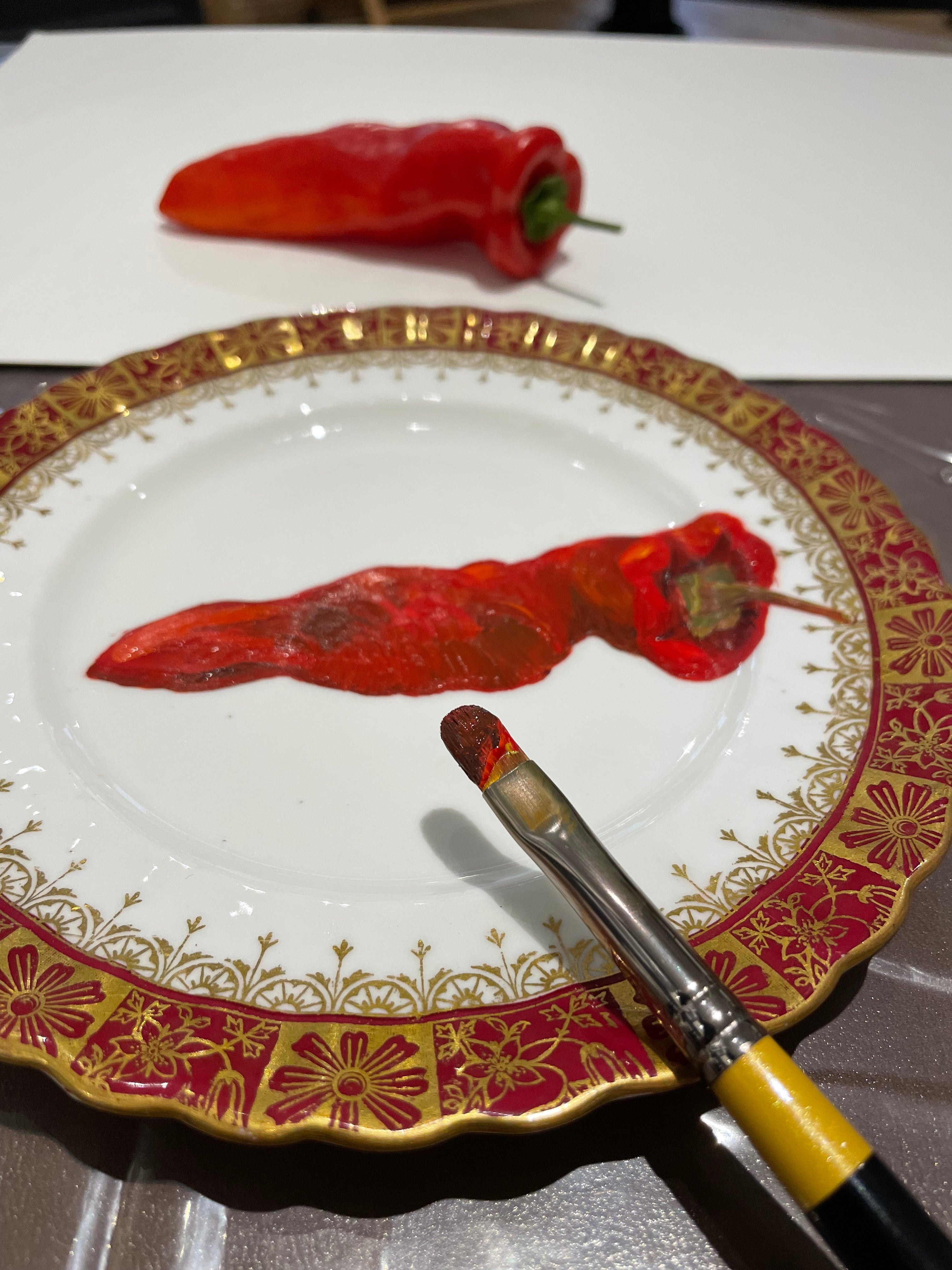Plated: original fine art oil painting on a vintage tea plate - chilli