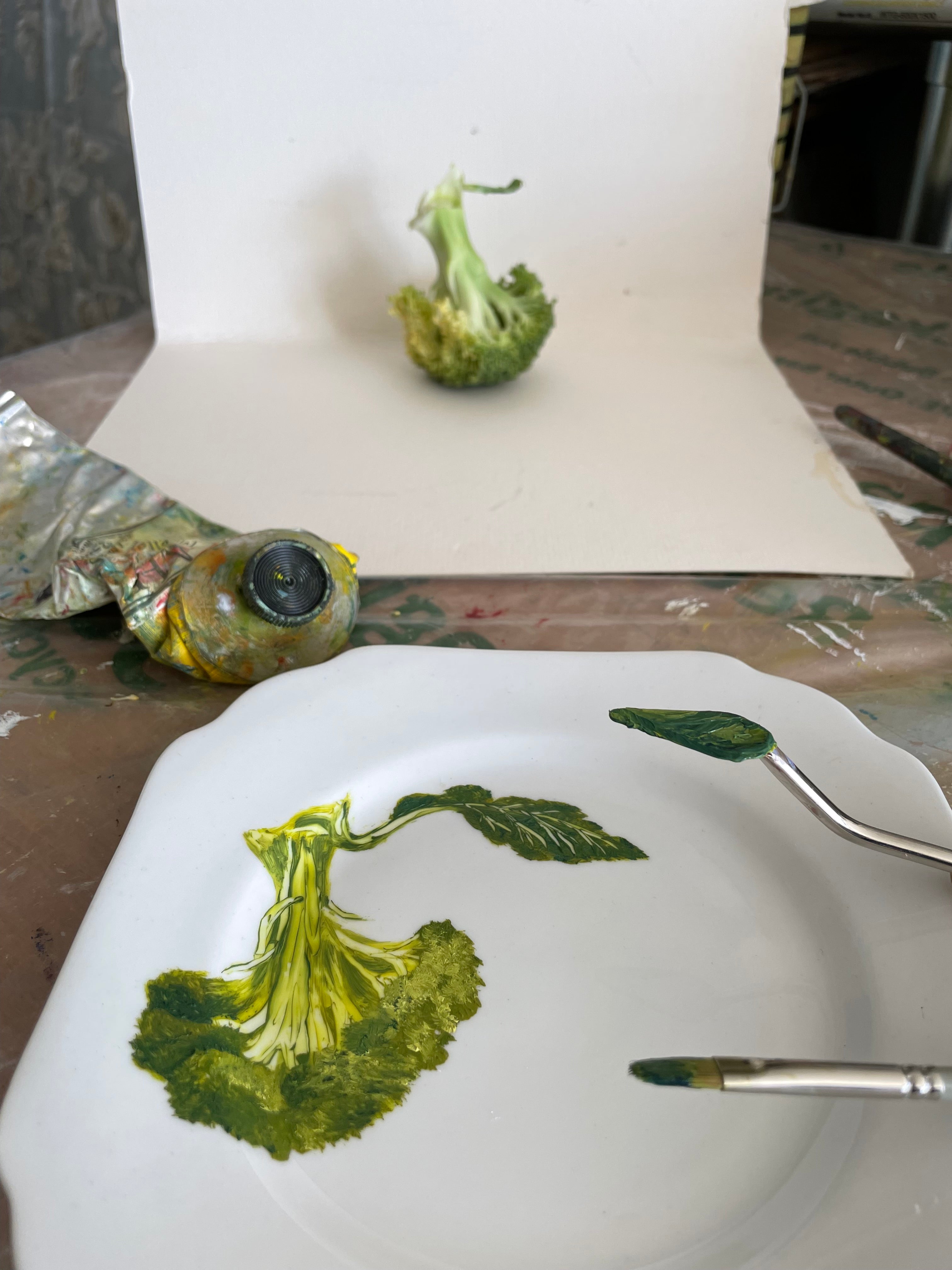 Original oil painting on a vintage tea plate - broccoli