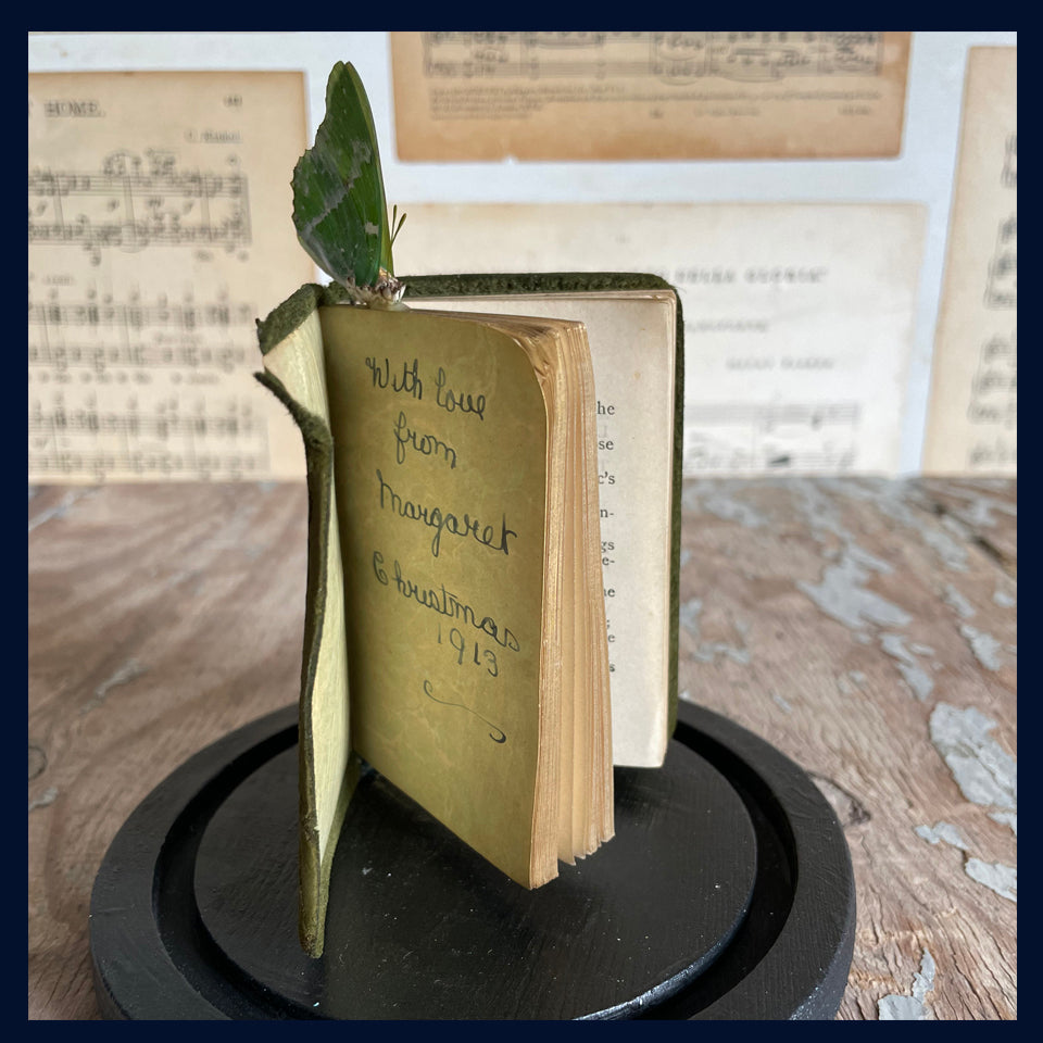 SOLD - Enigma Variations Collection: Miniature Victorian Poetry Book - 'Christmas Eve' by Robert Browning with Green Suede Cover and an Old Butterfly in a Glass Display Dome