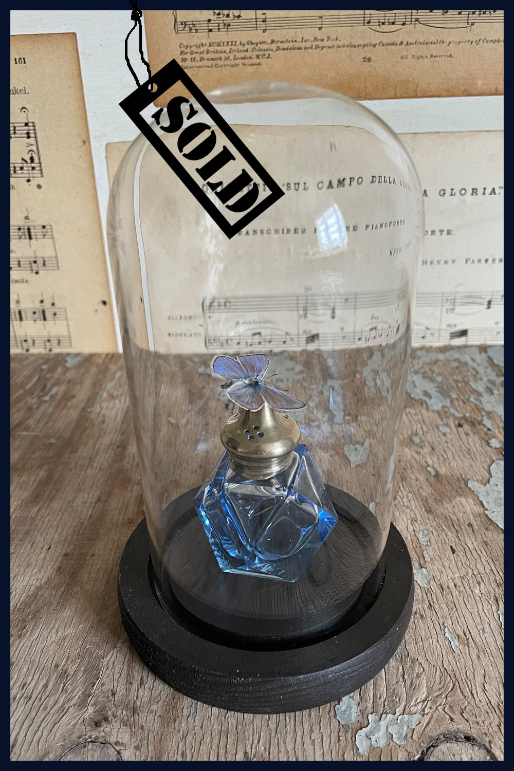 SOLD Enigma Variations Collection: Antique Cut Crystal Condiment with a Vintage Butterfly in a Glass Display Dome