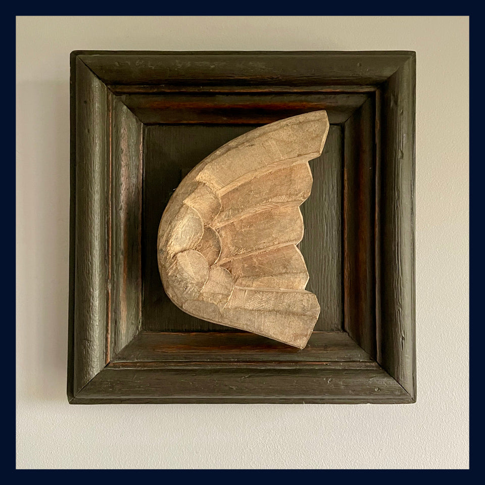 Wonderland Collection: Old Carved Wooden Angel Wing Mould from France Framed in an Antique Oak Panel