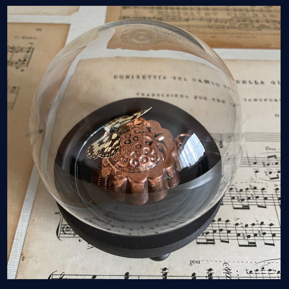 Enigma Variations Collection: Antique Copper Chocolate Strawberry Mould with a Vintage Butterfly in a Glass Display Dome 2