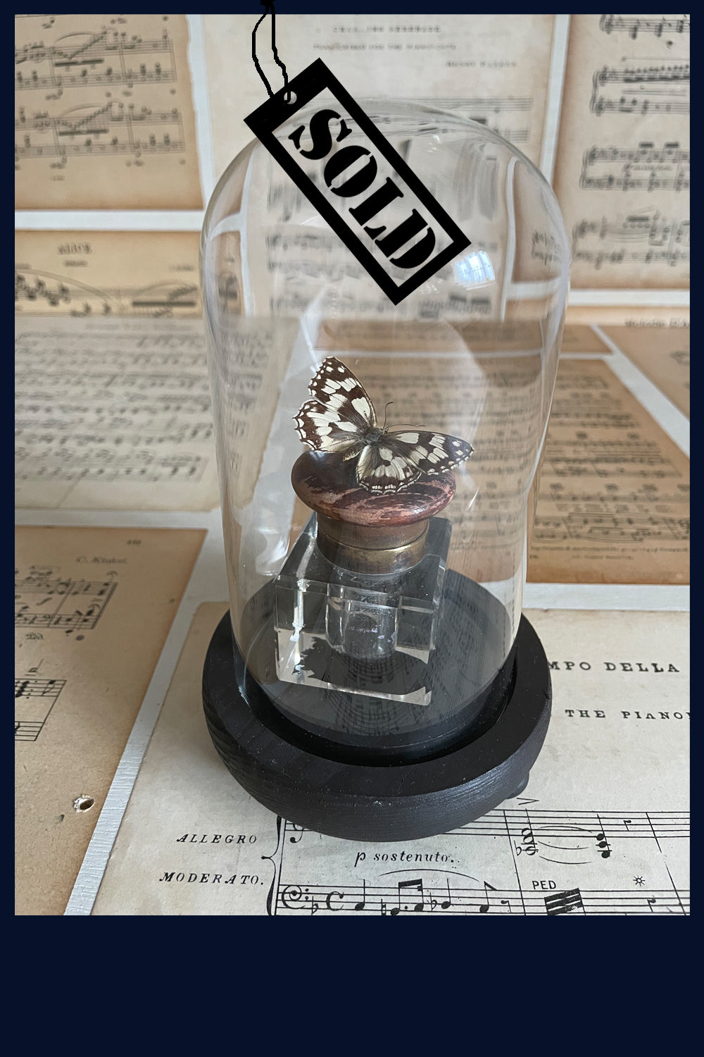 SOLD Enigma Variations Collection: Antique Cut Crystal Ink Well with a Vintage Butterfly in a Glass Display Dome