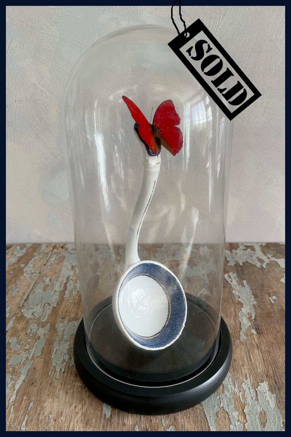 SOLD Enigma Variations Collection: Antique China Ladle with a Vintage Red Butterfly under a Glass Display Dome