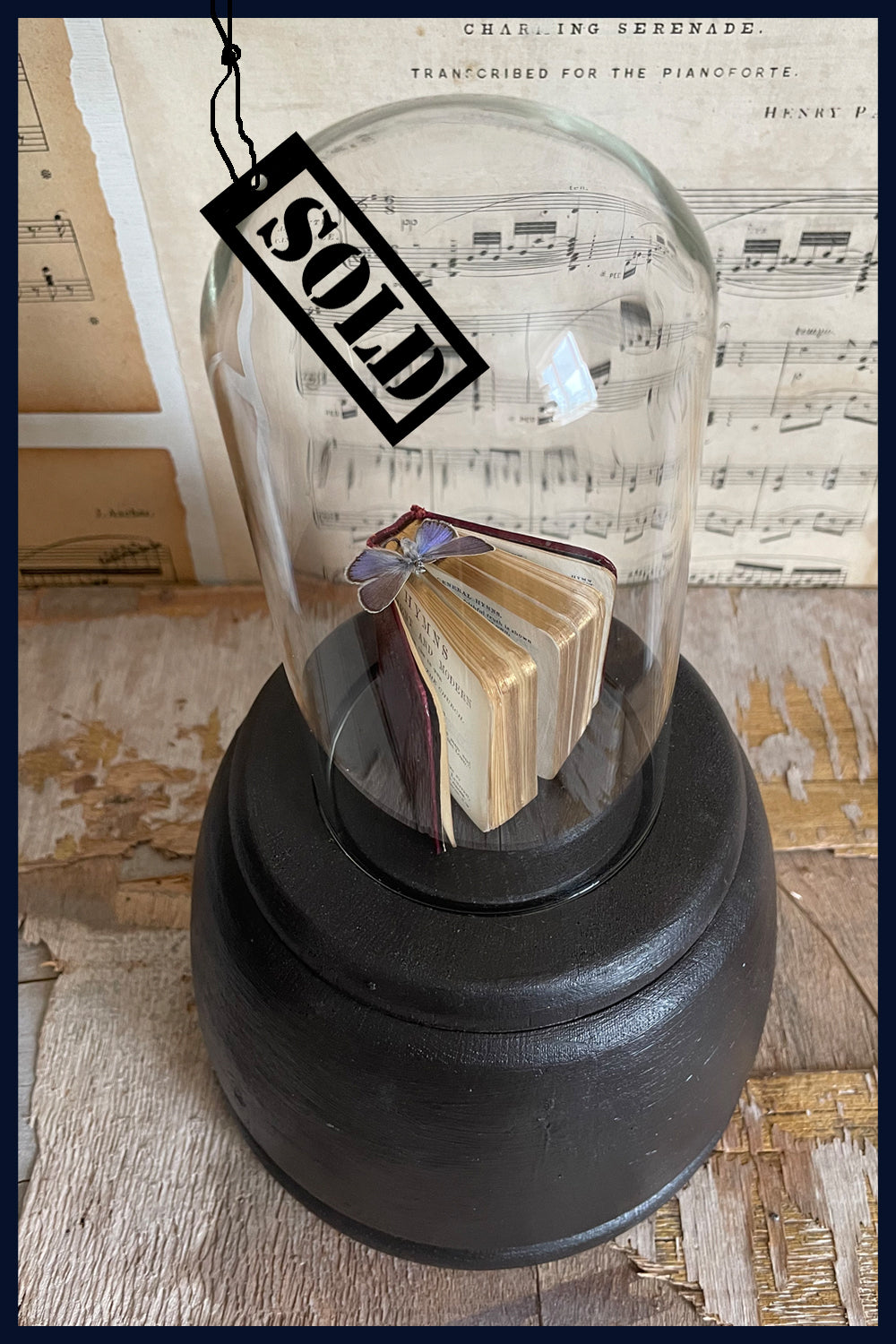 SOLD Enigma Variations Collection: Antique Miniature Hymn Book with a Butterfly in a Display Dome