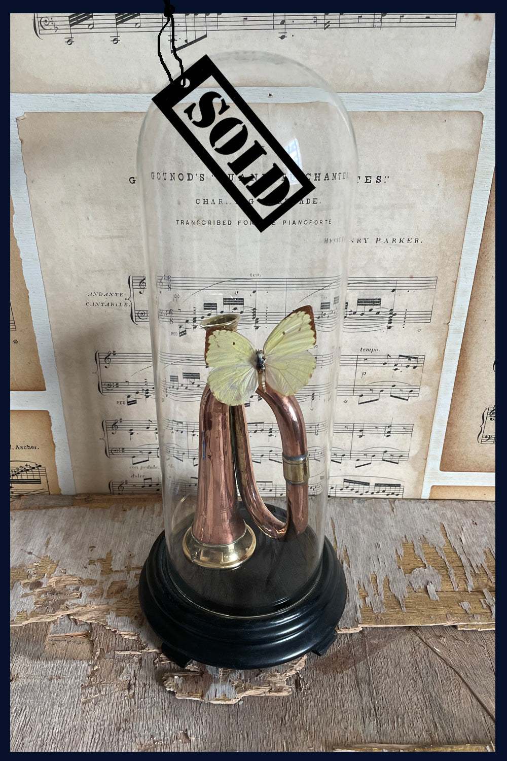 SOLD - Enigma Variations Collection: Miniature Antique Copper & Brass Bugle with a Vintage Butterfly under a Glass Display Dome
