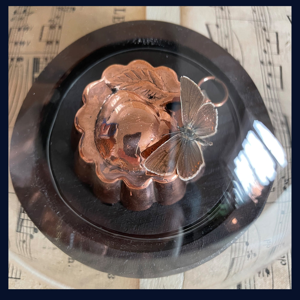 Enigma Variations Collection: Antique Copper Cherry Chocolate Mould with a Vintage Butterfly in a Glass Display Dome